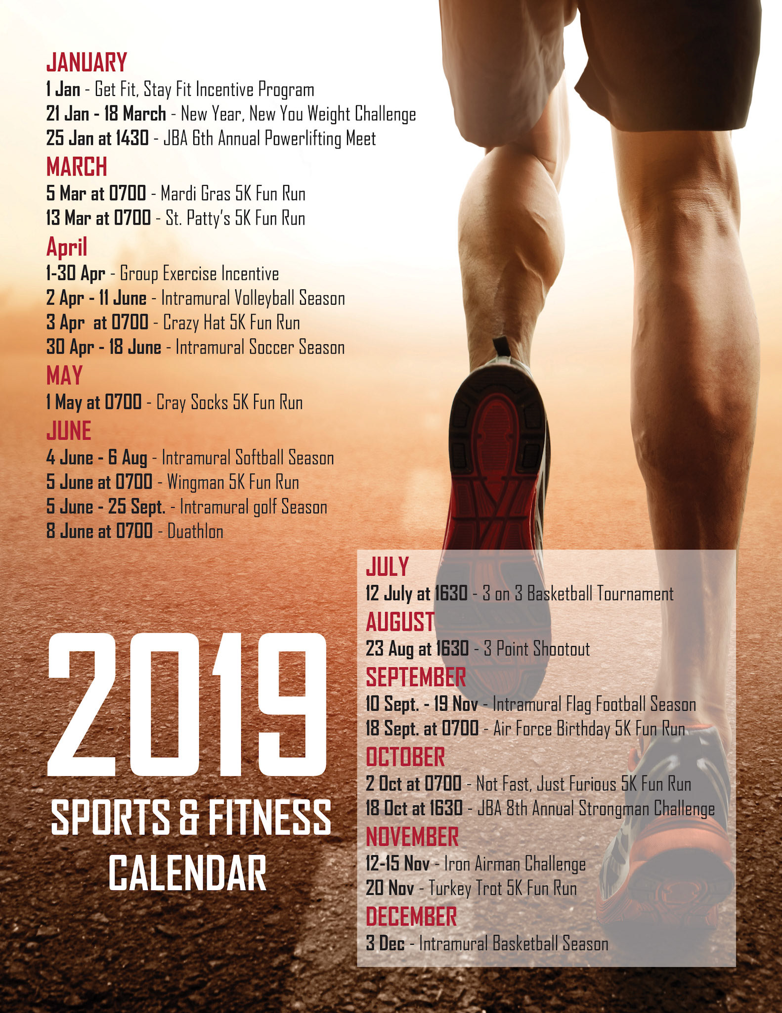 Fitness Center Yearly Calendar (2019)