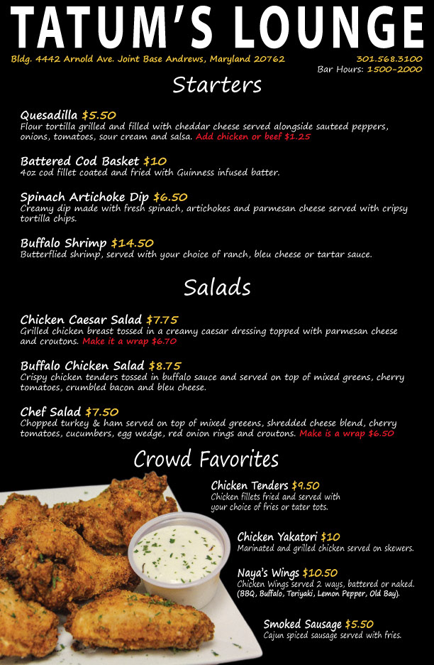 New Lodging Menus for Tatum's Lounge Front (2019)