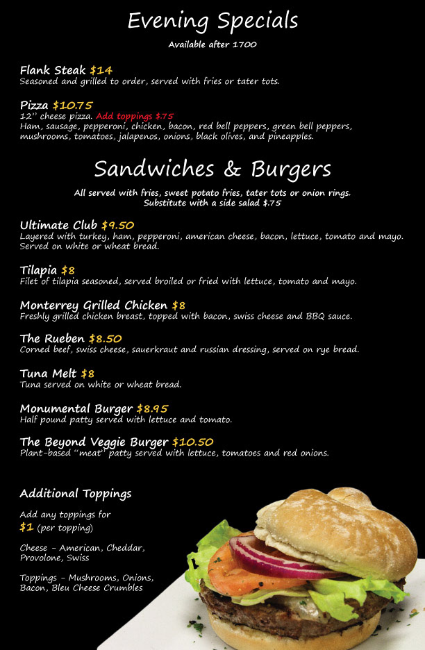 New Lodging Menus for Tatum's Lounge Back (2019)