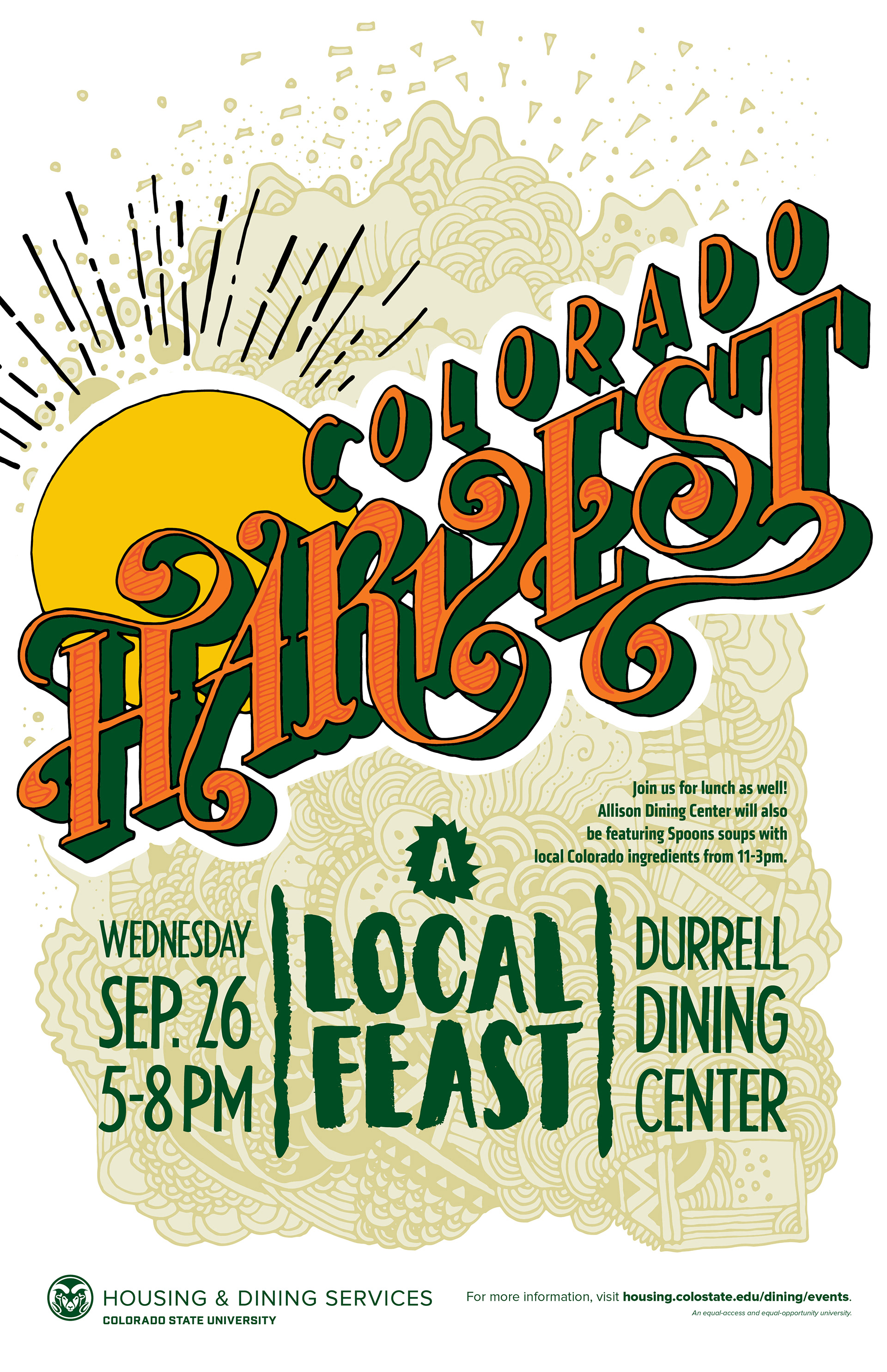 This poster won an Honorable Mention at the UCDA Design Awards in 2019. Working on this hand-lettering was an absolute blast, fueled by some all-local Colorado cuisine as well as a lot of Neil Young. I made a whole suite of marketing materials to go along with this poster.