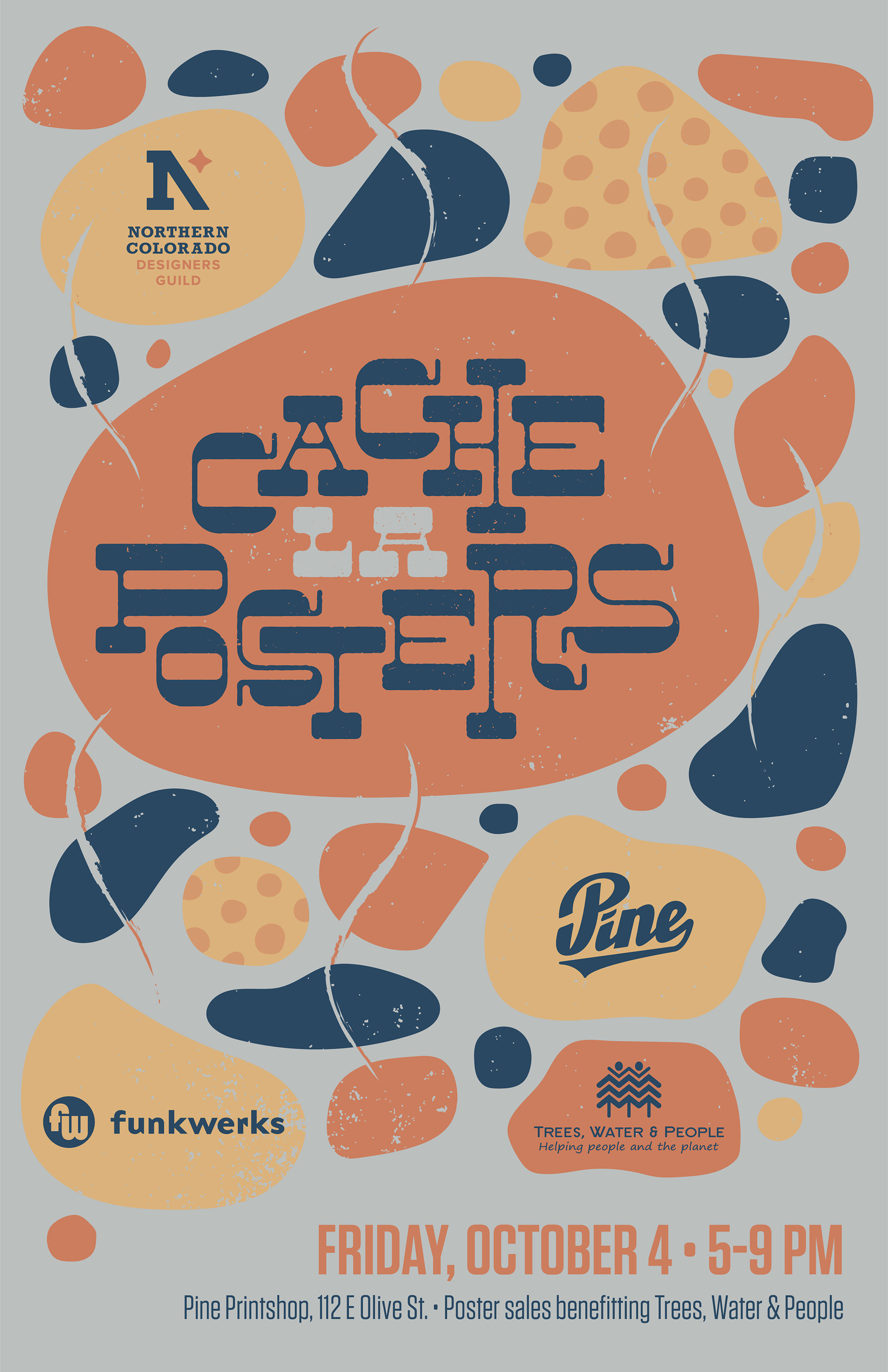 Cache La Posters was an idea I developed with my friend Cameron in the Northern Colorado Designers Guild. We invited artists to submit posters for a First Friday show benefitting our beloved local river, the Cache La Poudre. An in-town screenprinting shop offered to produce and sell the posters as well as host the show. I created this poster along with a suite of promotional social media graphics.