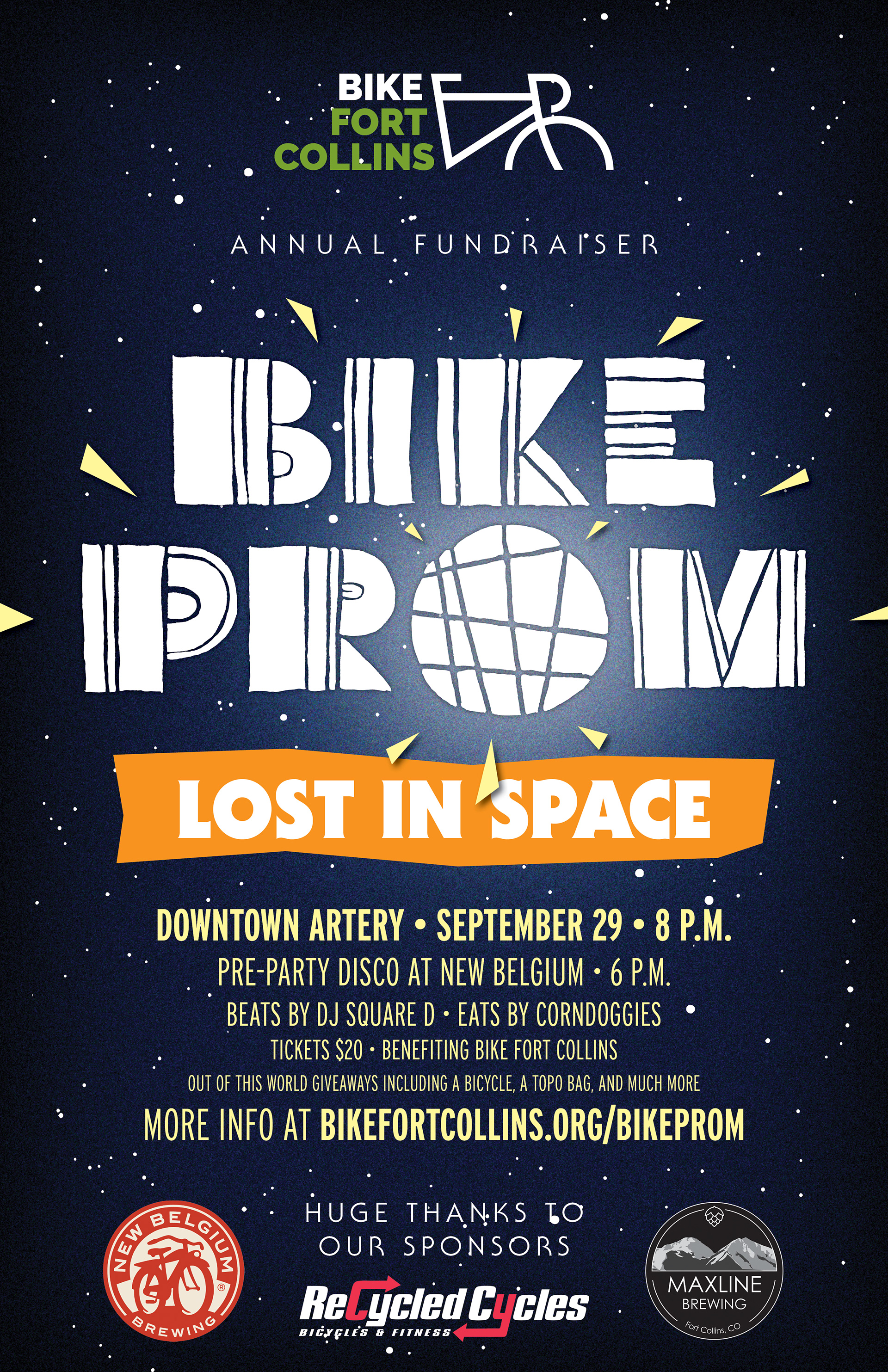 Bike Prom is an annual fundraising event for Bike Fort Collins, our local bicycle advocacy non-profit. In 2018, I created a Lost In Space theme, featuring this poster and various other promotional materials.
