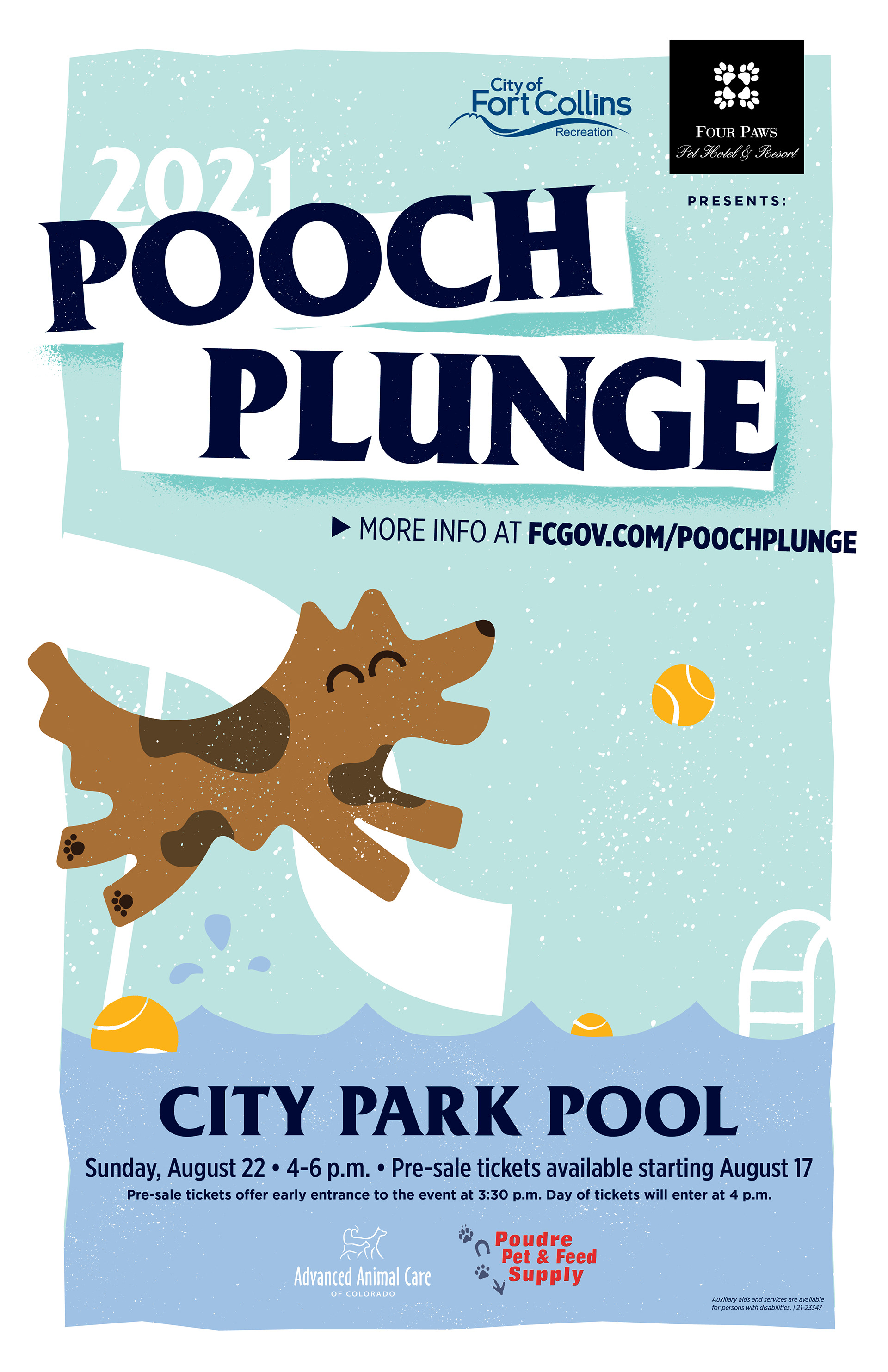 Pooch Plunge is an annual event held by the City of Fort Collins where the large city water park is filled with tennis balls and taken over by dogs for a day. Along with this poster, I made custom tickets for entry, a handout with sponsor information, and various social media assets.