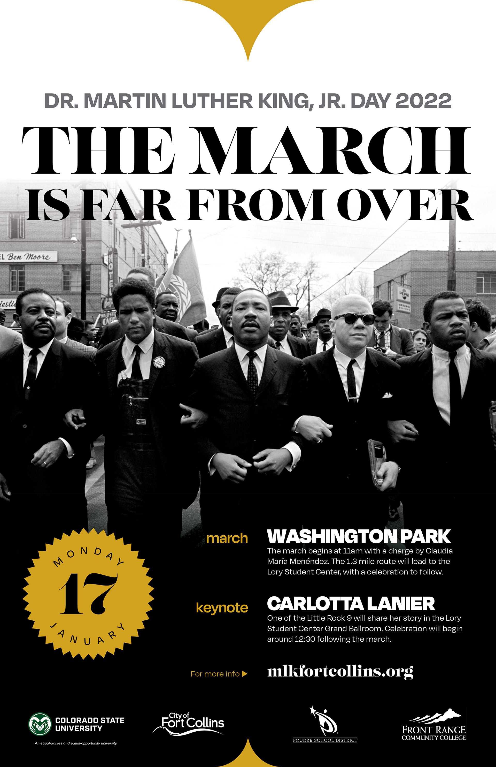 Creating the promotional materials for the 2022 MLK Day celebration in Fort Collins was another incredible project to work on. The event featured a march from downtown to campus for the keynote presentation, so I created a tagline and visuals focused on that concept.