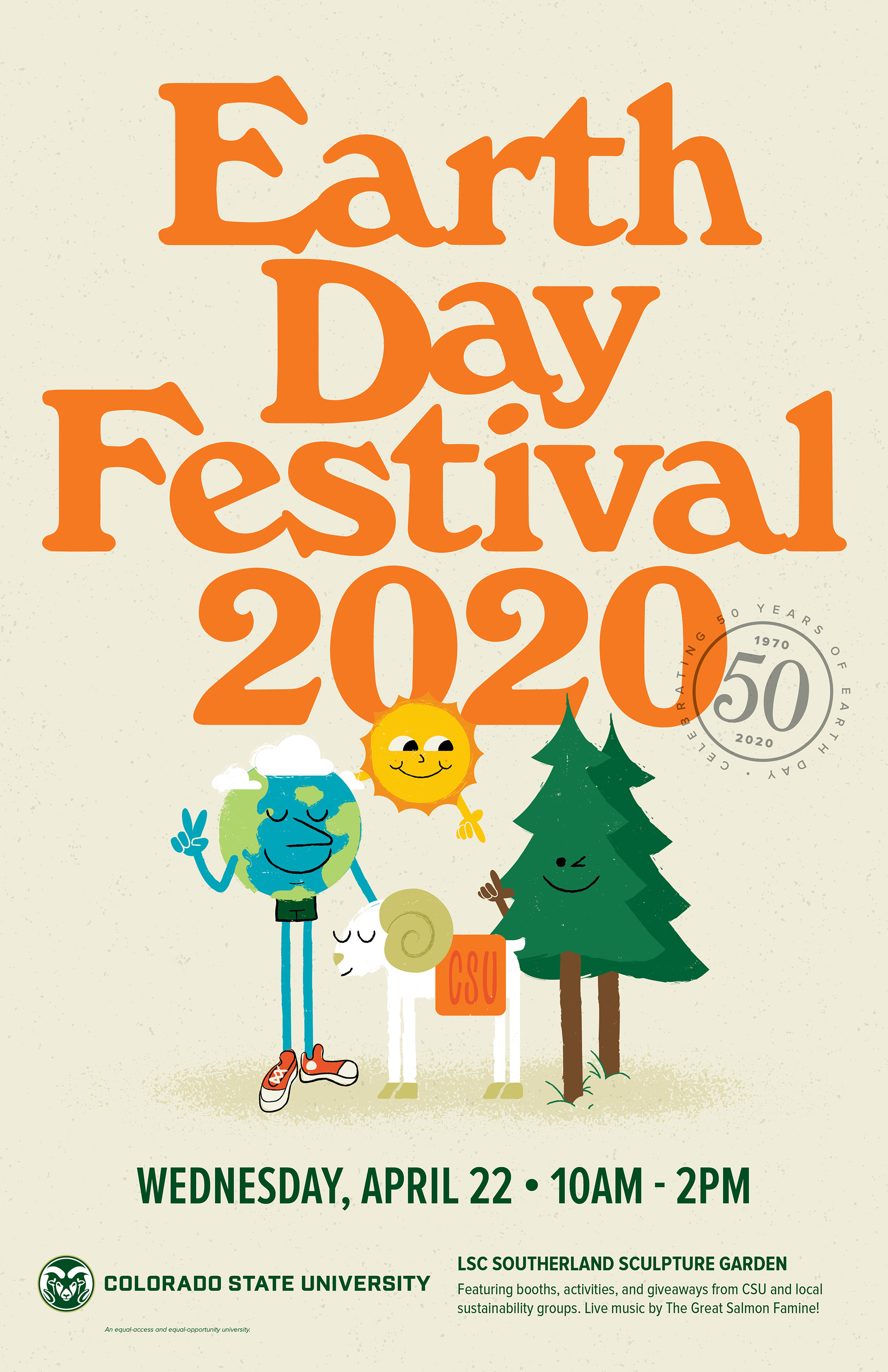 For the 2020 Earth Day Festival, I wanted to create a throwback look to commemorate the 50th anniversary of the holiday. An entire suite of marketing and promotional materials accompanied this poster design.