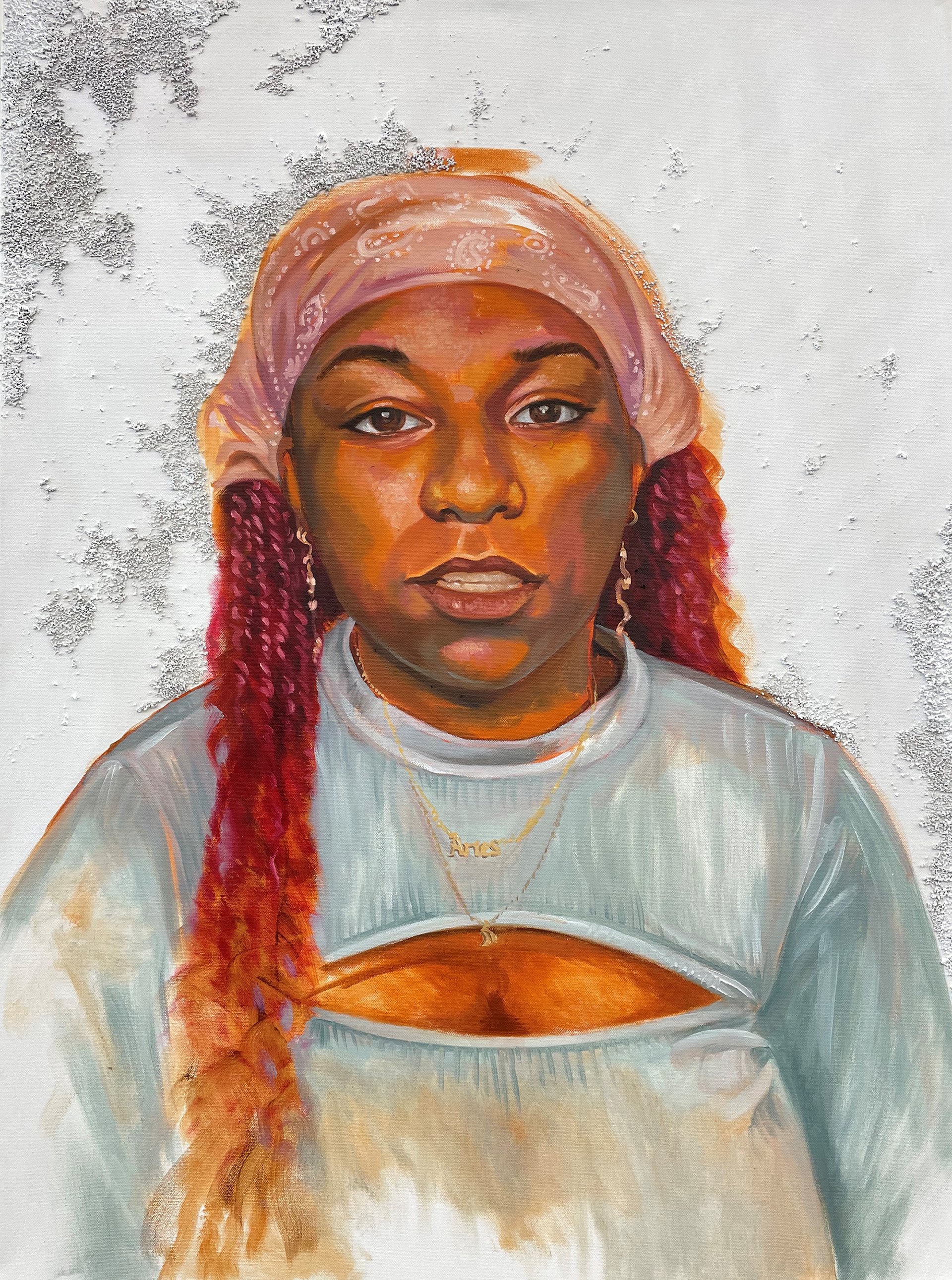 "I wish people talked more about Black women as complex human beings. Not just bearers of trauma, or perfect and magical creatures. But as people capable of being both flawed and beautiful..", 40" x 30", oil, gesso and pumice gel on canvas, 2022, Price Available Upon Request