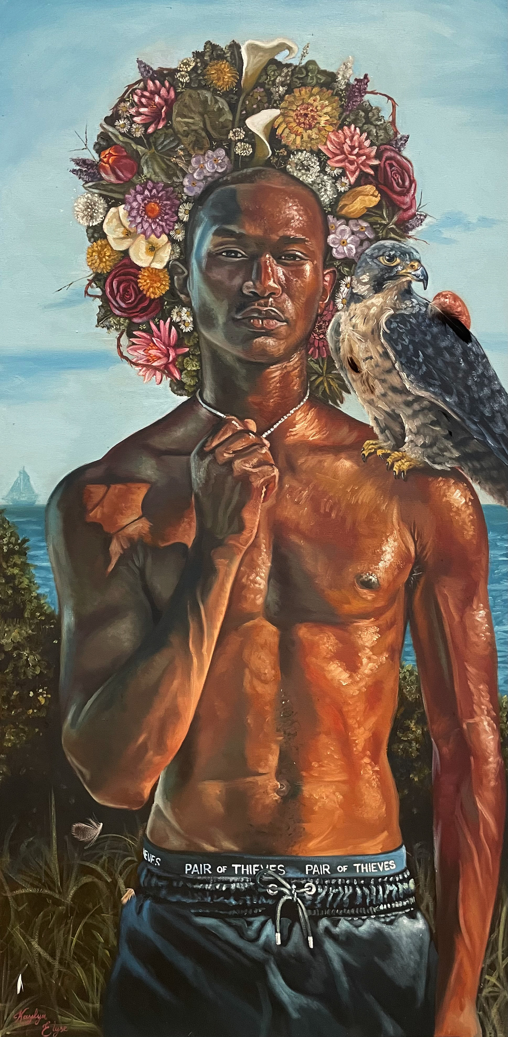 "Sankofa" (Carl), oil and feathers on canvas, 24" x 48" x 1.5", 2024, Sold