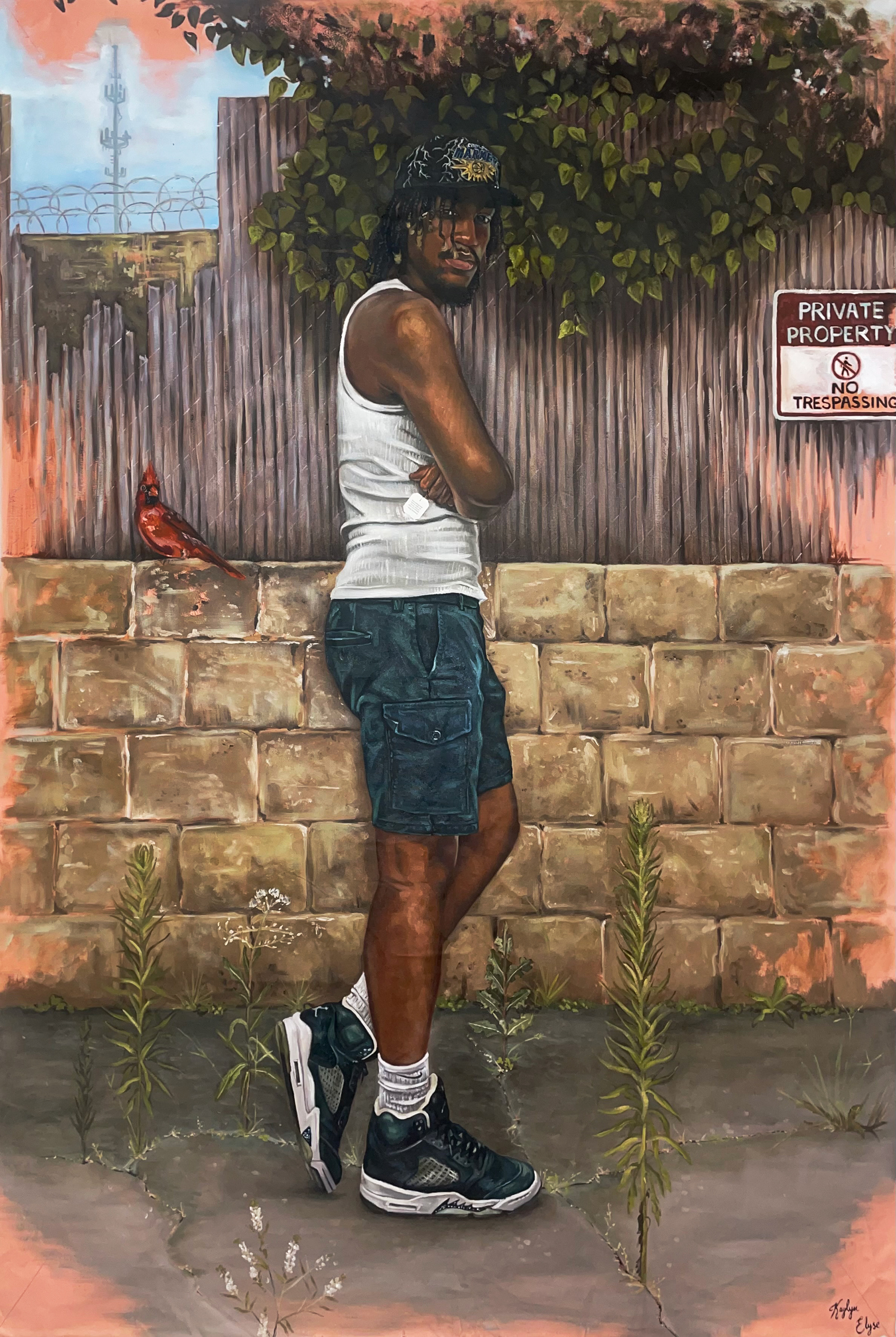 "Grounded", oil, acrylic and tea tag on canvas, 48" x 72", 2024, Sold