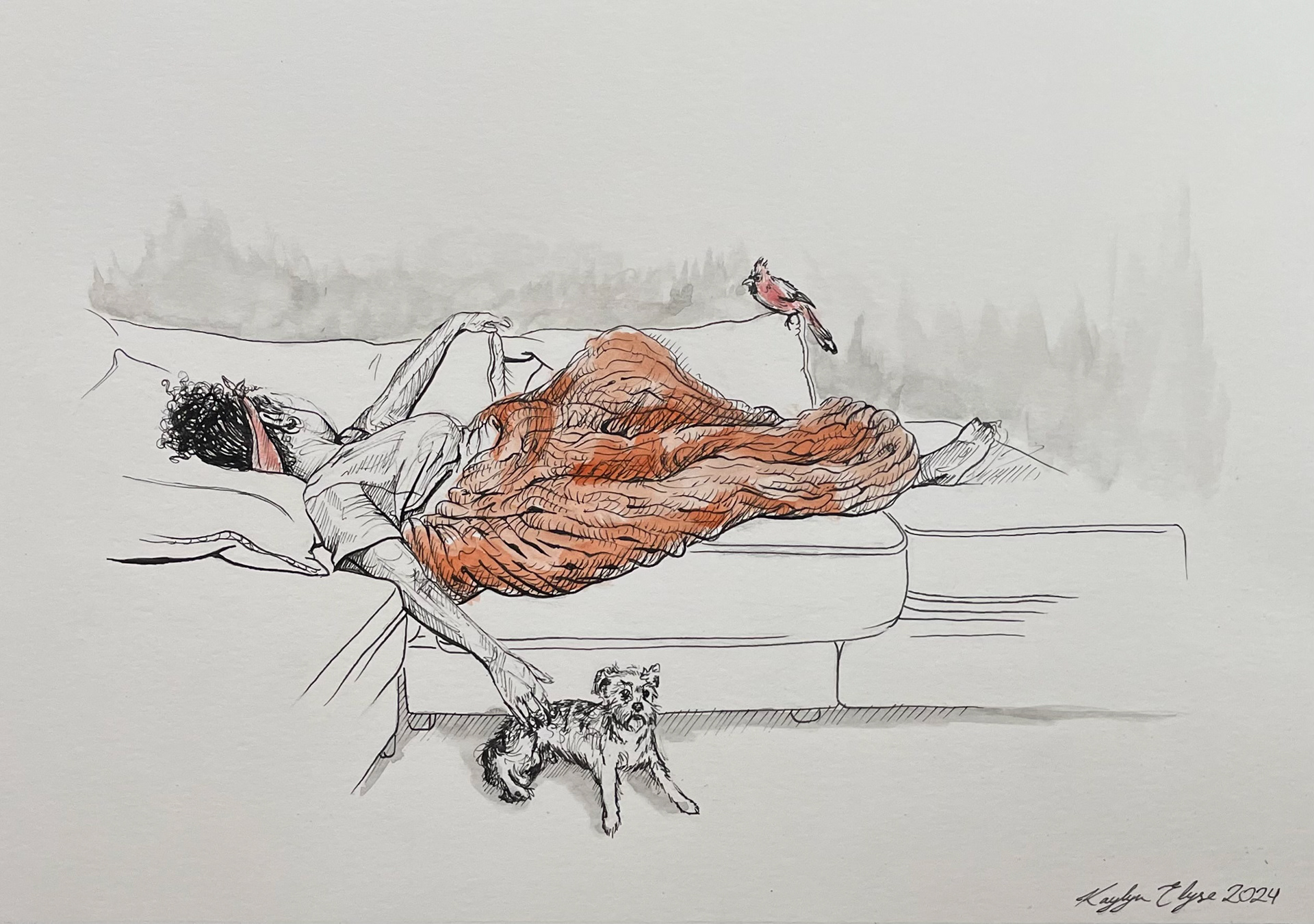 "Be Still", micron pen and watercolor on Bristol paper, 9" x 12", 2024, Sold