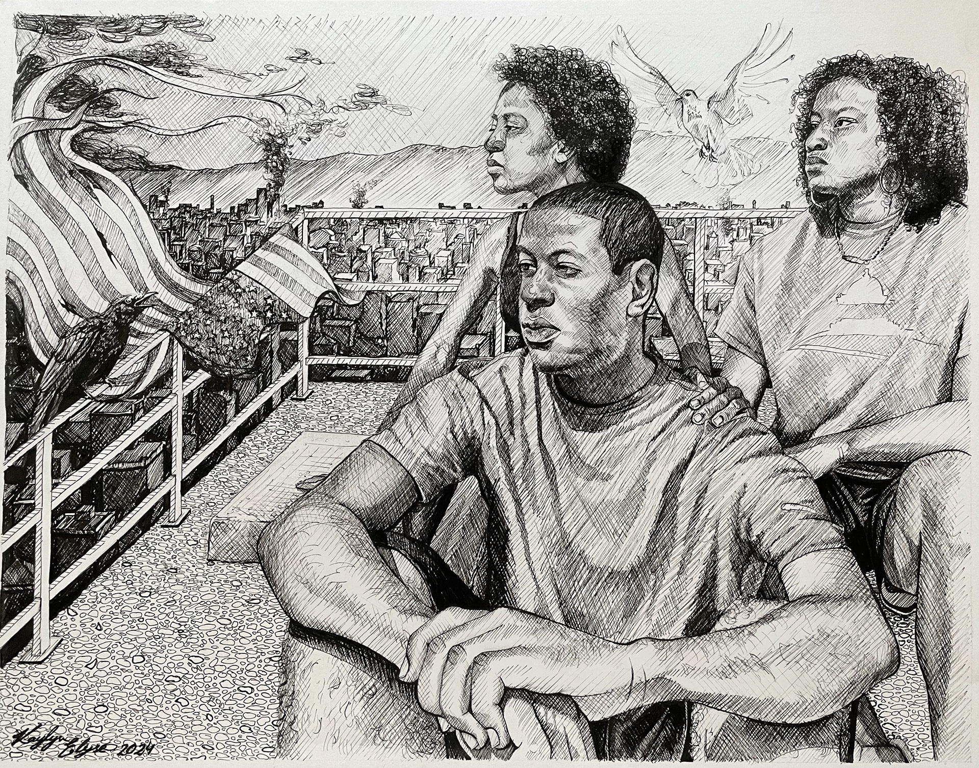 "My America" (V2), micron pen on Bristol paper, 14" x 11", 2024, Sold