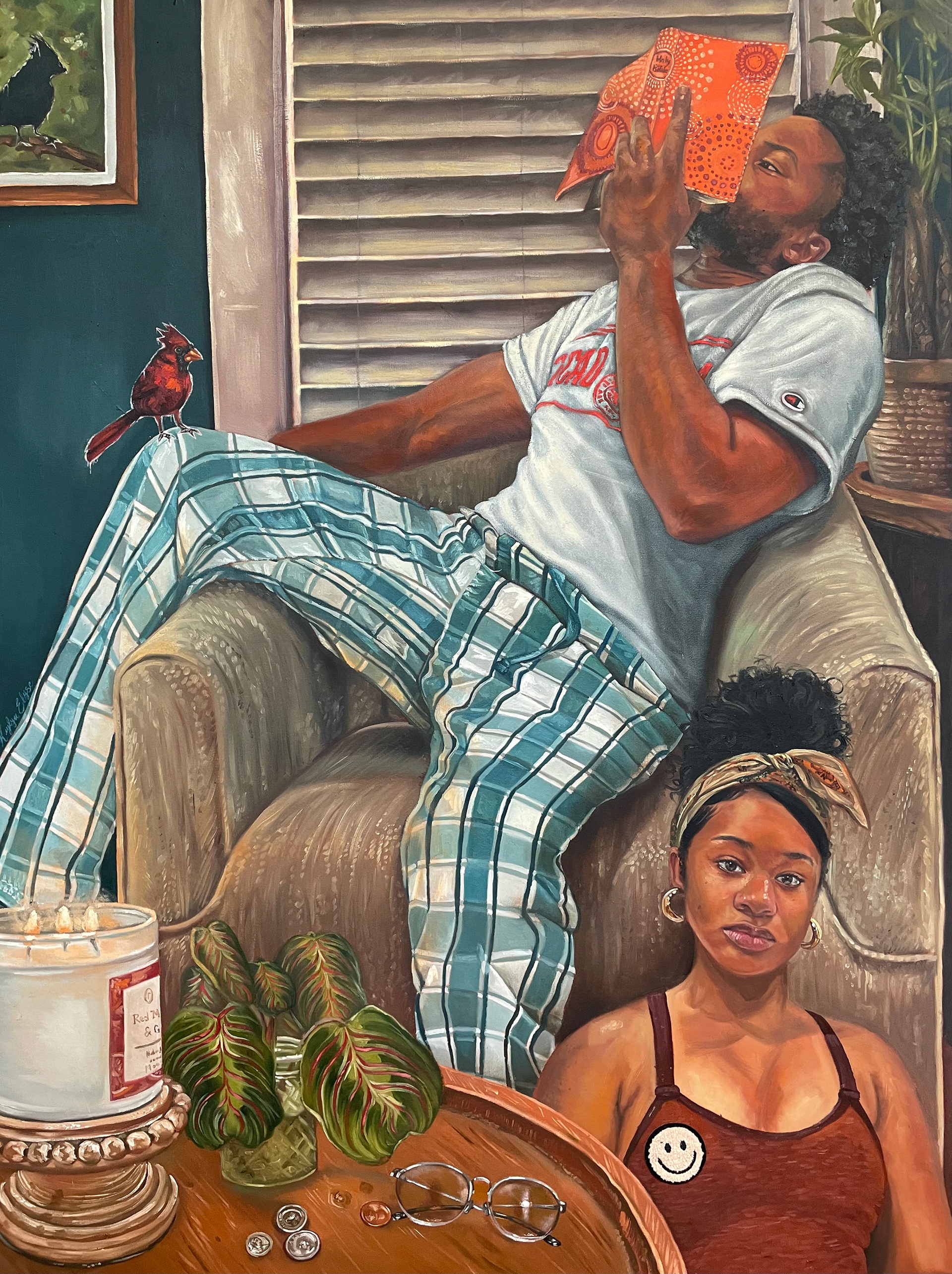 "Hope and a Prayer", oil and embroidery on canvas, 36" x 48" x 1.5", 2024, Sold