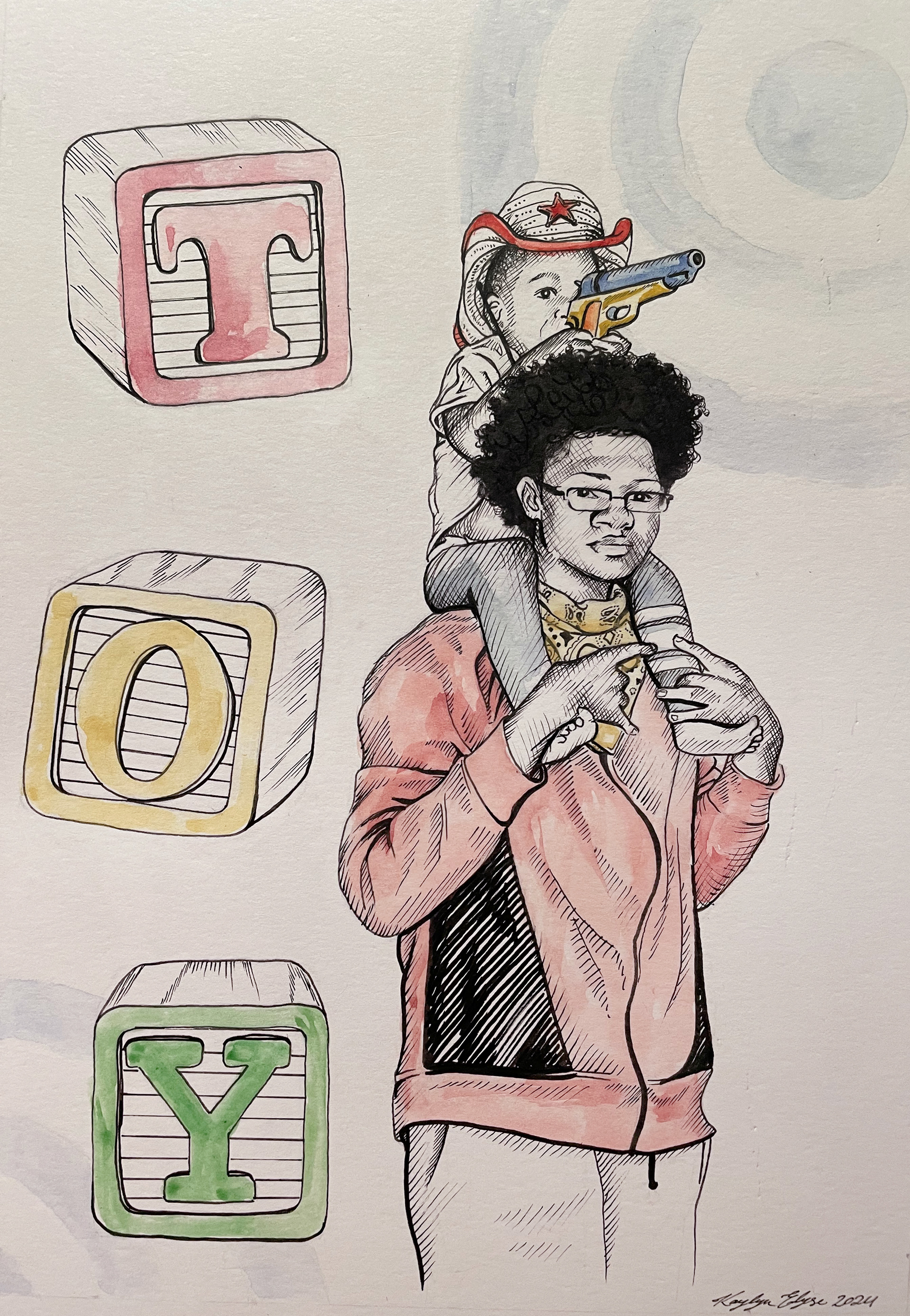 "Let Me Spell It Out" (Playtime), micron pen and watercolor on Bristol paper, 9" x 12", 2024, Sold