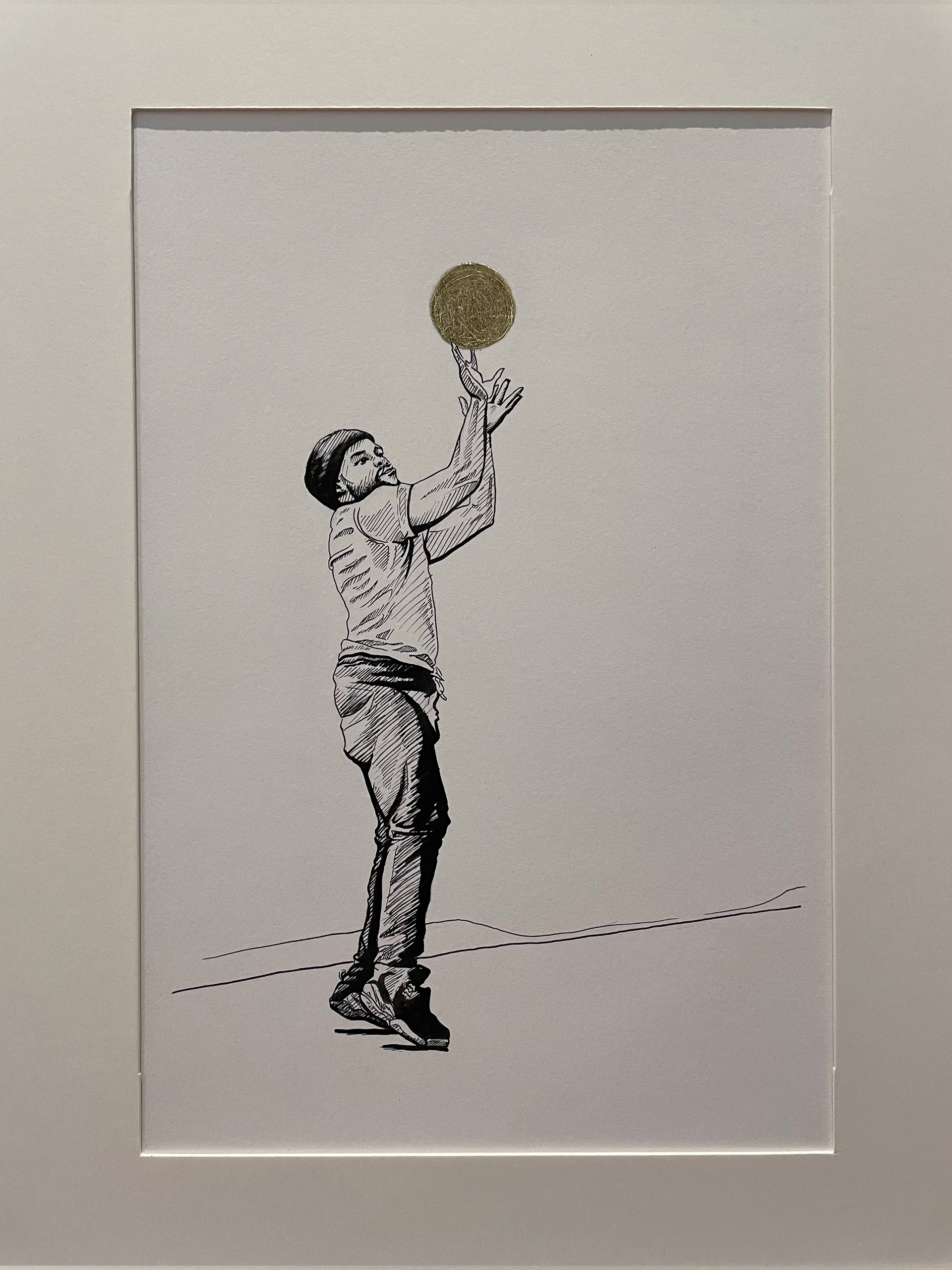 "Shoot", micron pen & gold foil on Bristol paper, 9"x12", 2023, Available Upon Request