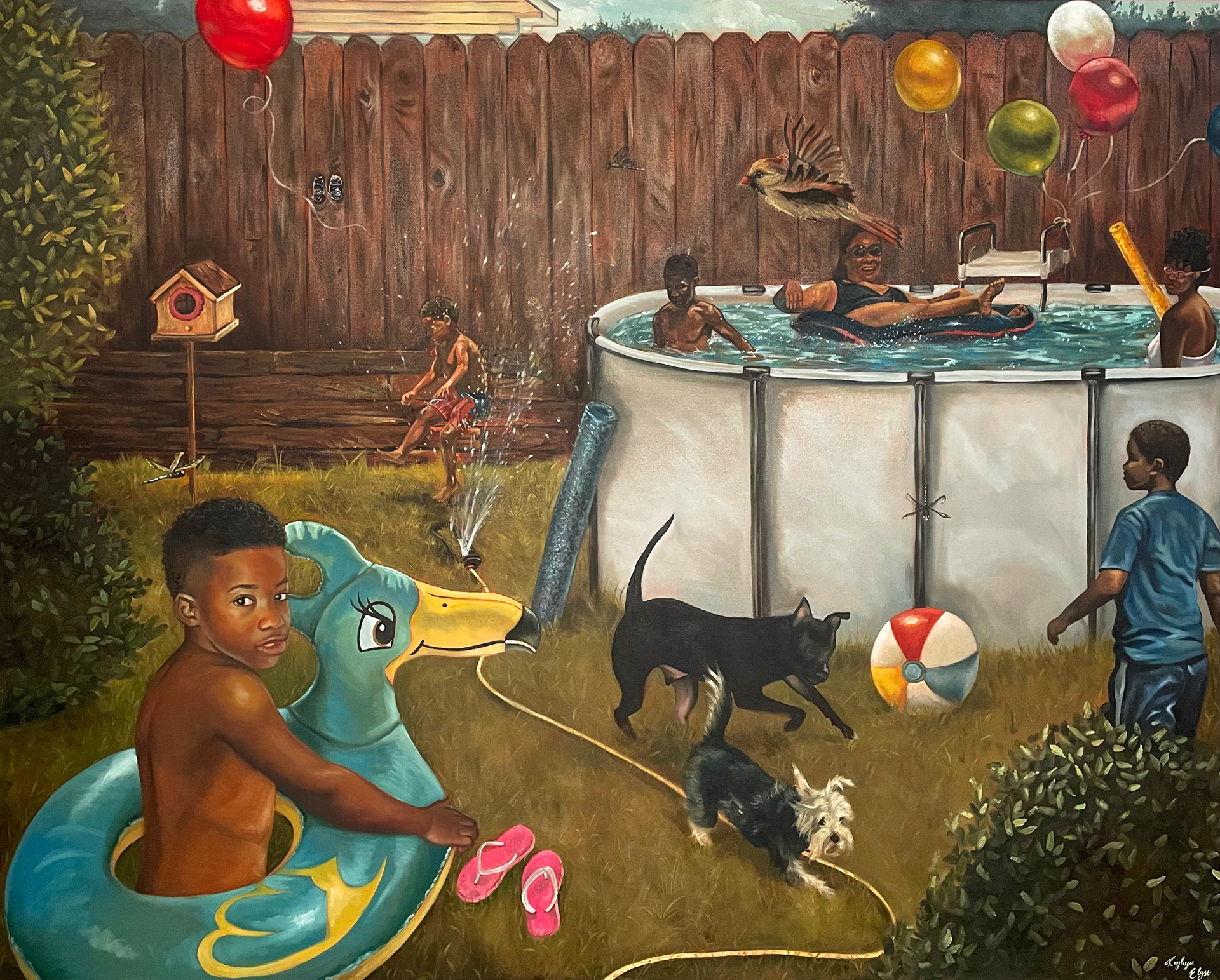 "Pool Day", oil, paper and pen on canvas, 48" x 60" x 1.5", 2024, Sold