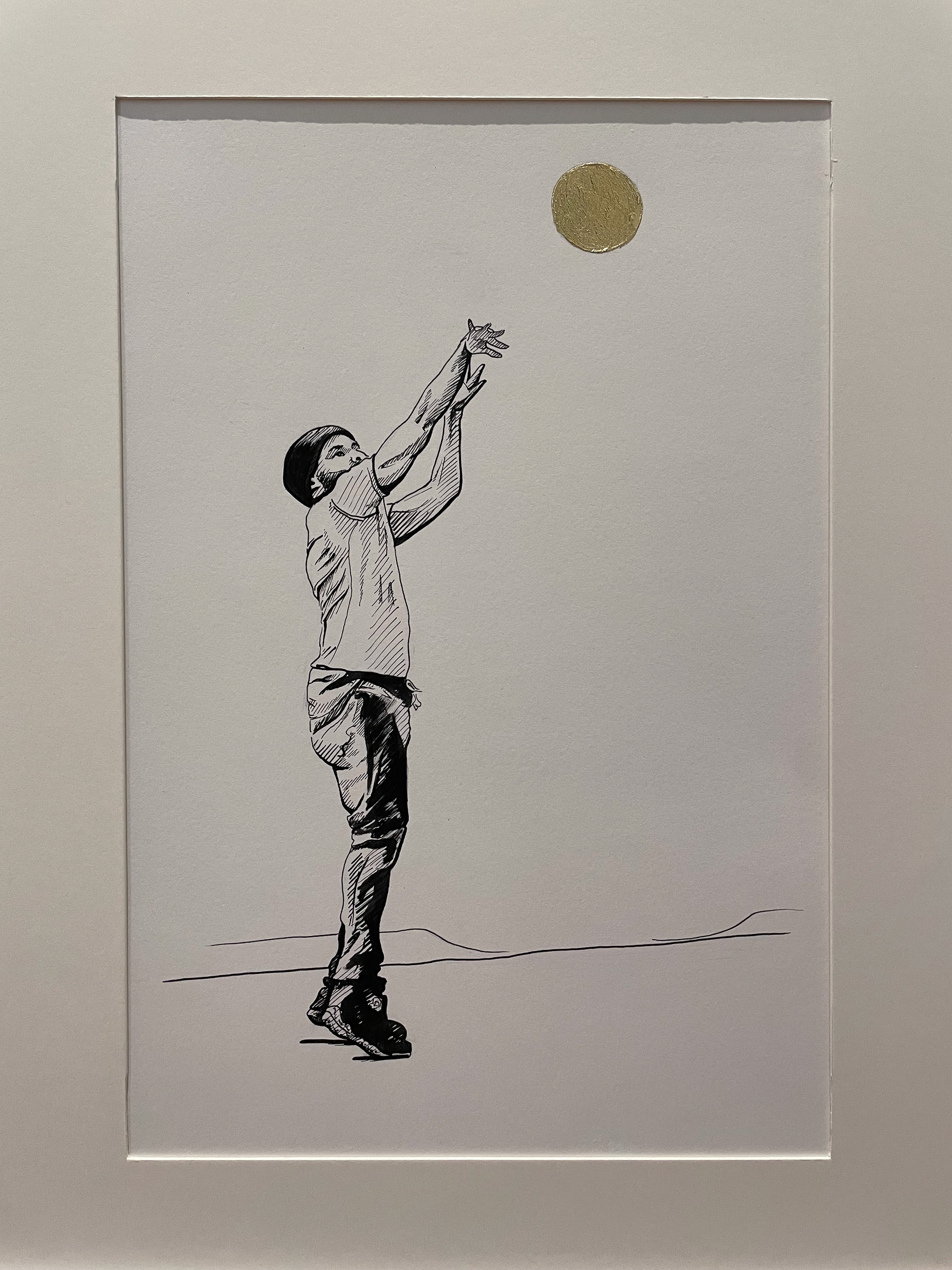 "Shoot", micron pen & gold foil on Bristol paper, 9"x12", 2023, Available Upon Request