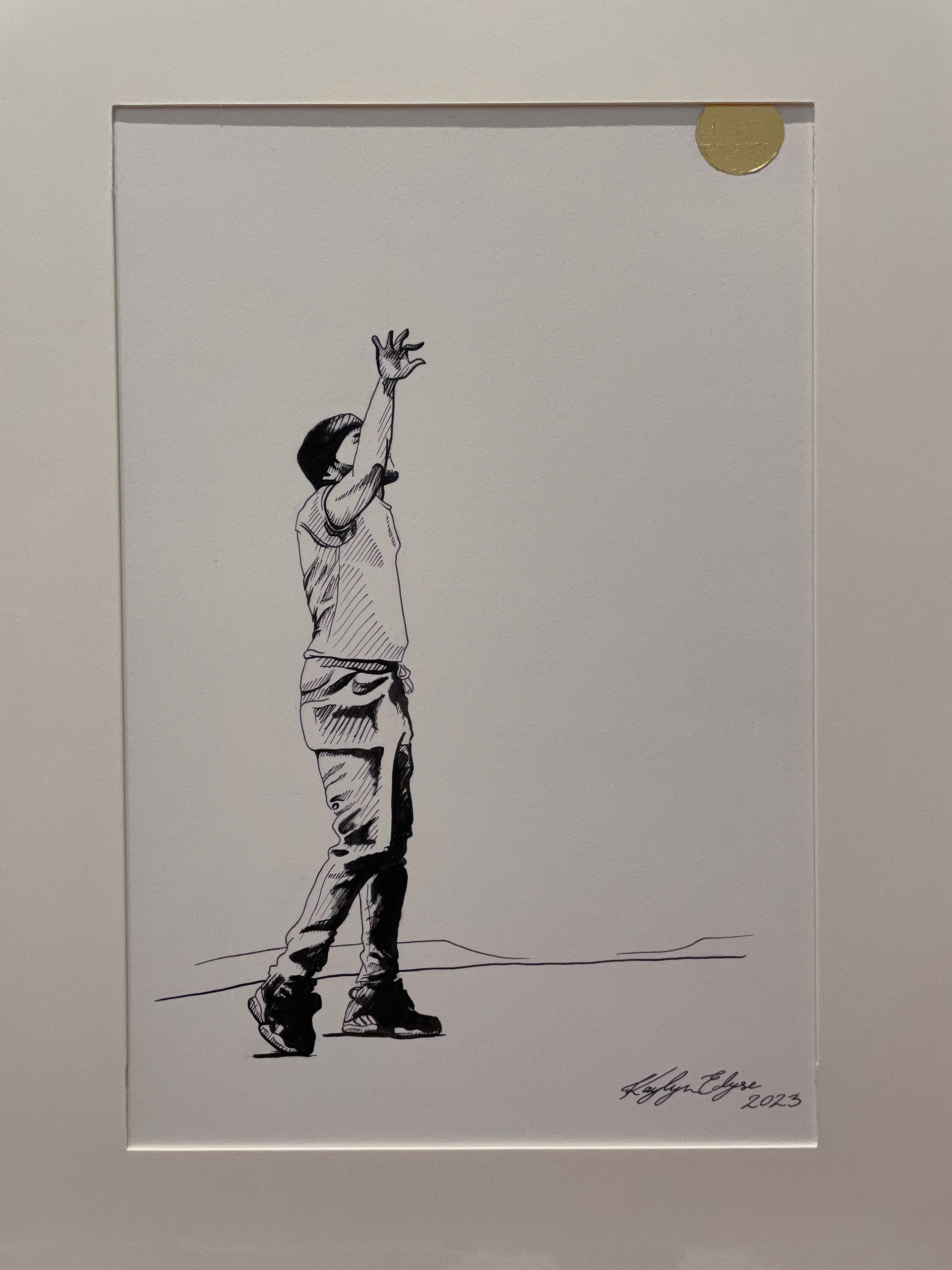 "Shoot", micron pen & gold foil on Bristol paper, 9"x12", 2023, Available Upon Request