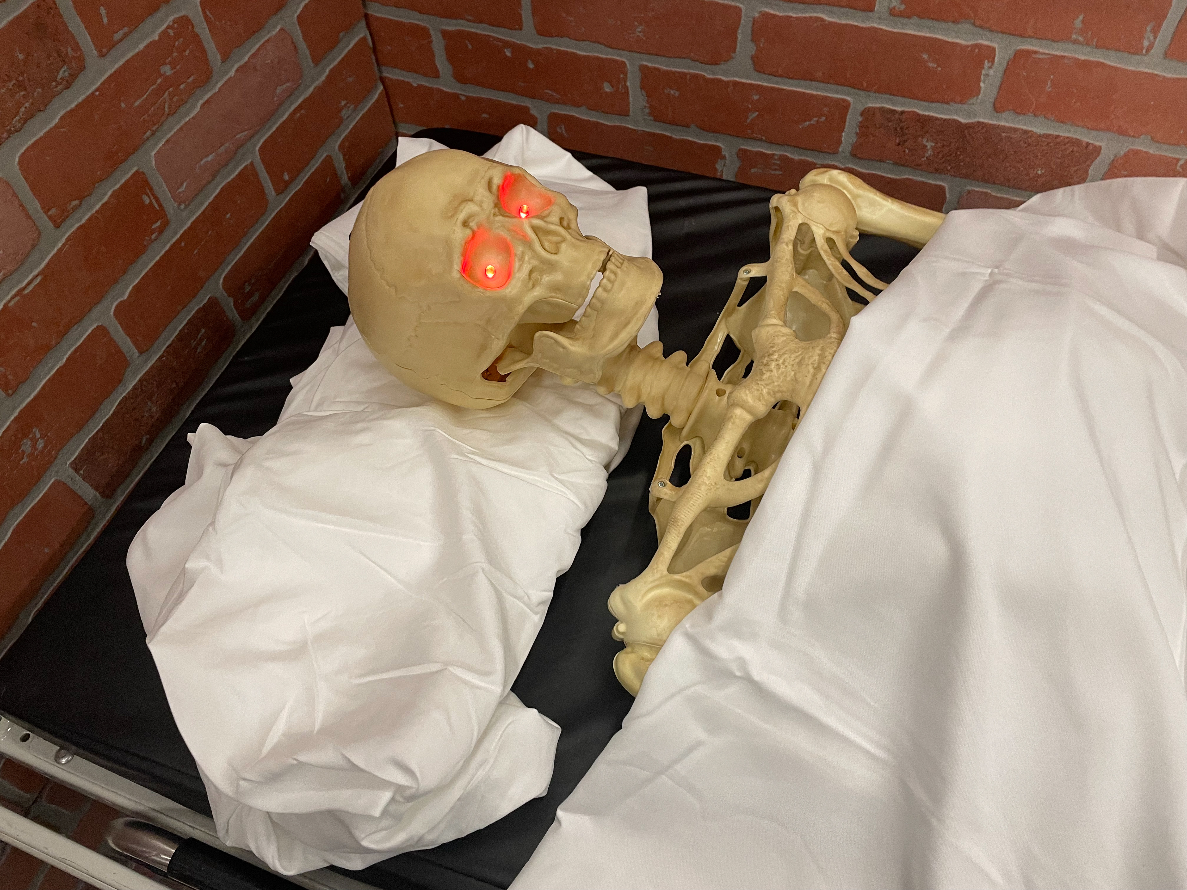 Skeleton prop in gurney