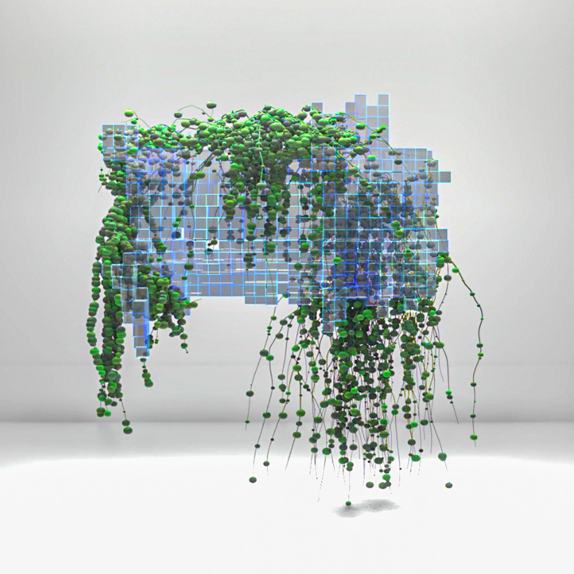 Green plants grow on a blockchain block.