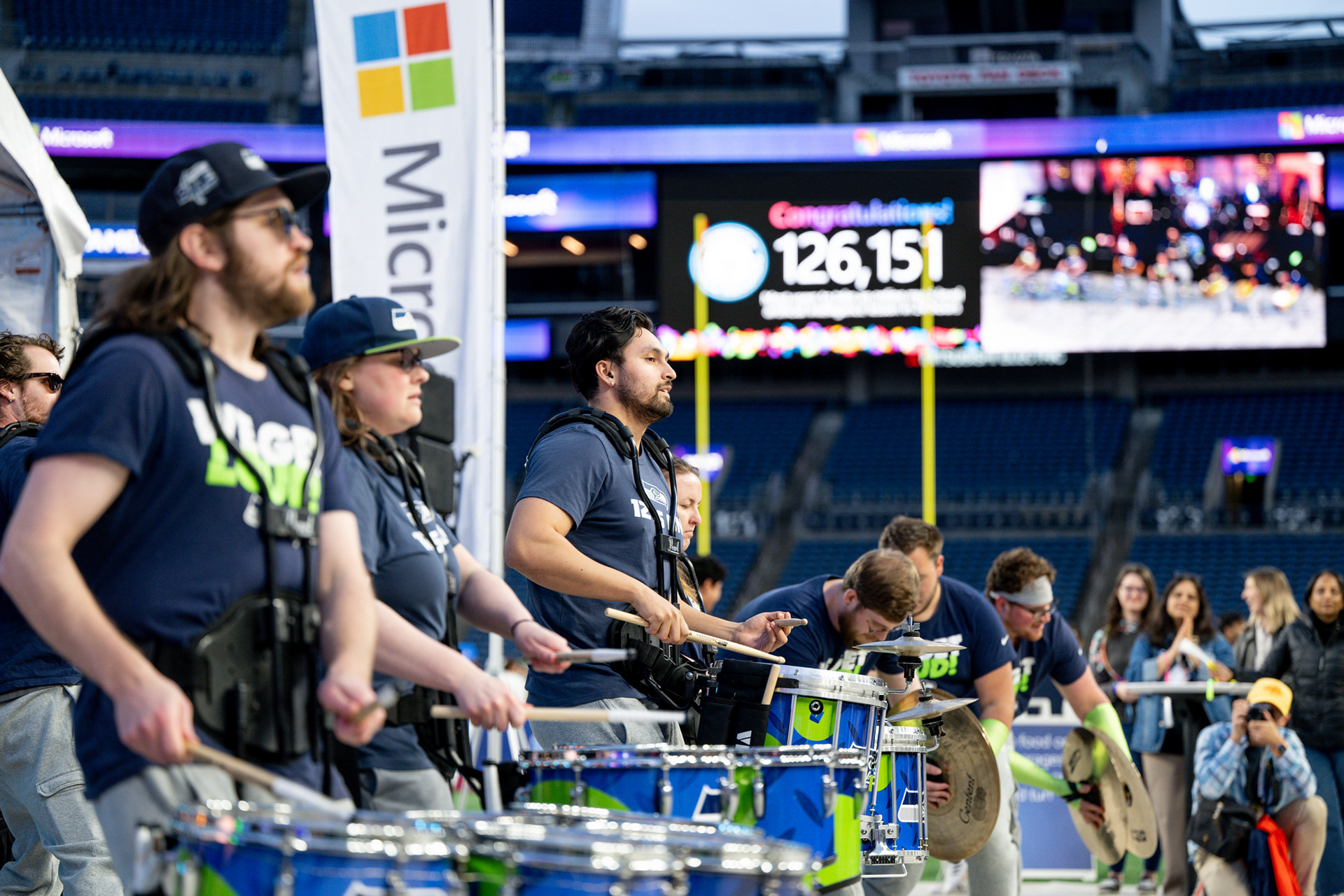 High-energy announcement moment with Microsoft Learn and the Seattle Seahawks official drumline Blue Thunder