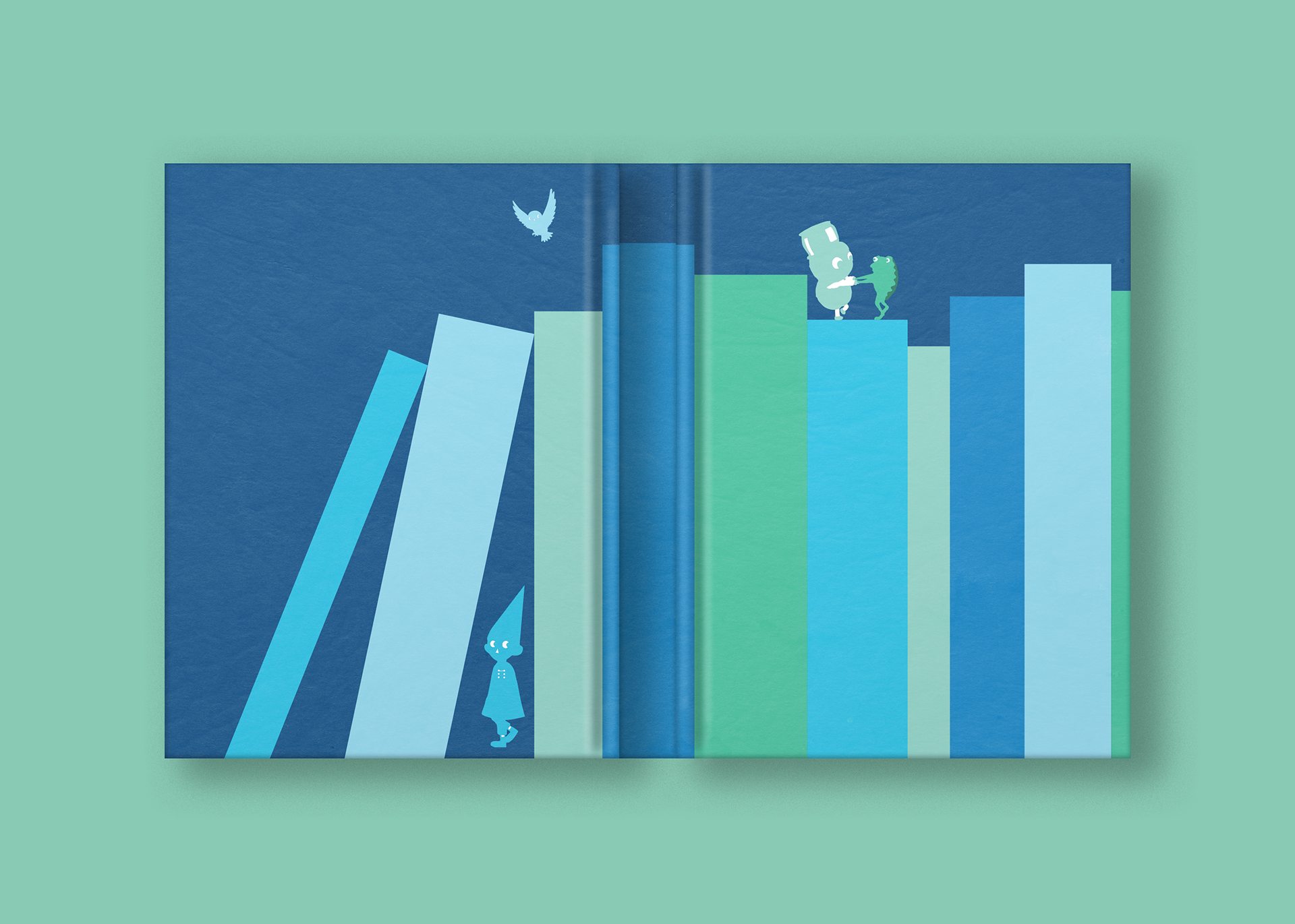 Blue and green themed book cover, characters from 'Over the Garden Wall' are walking on top of and between vertically stacked books.