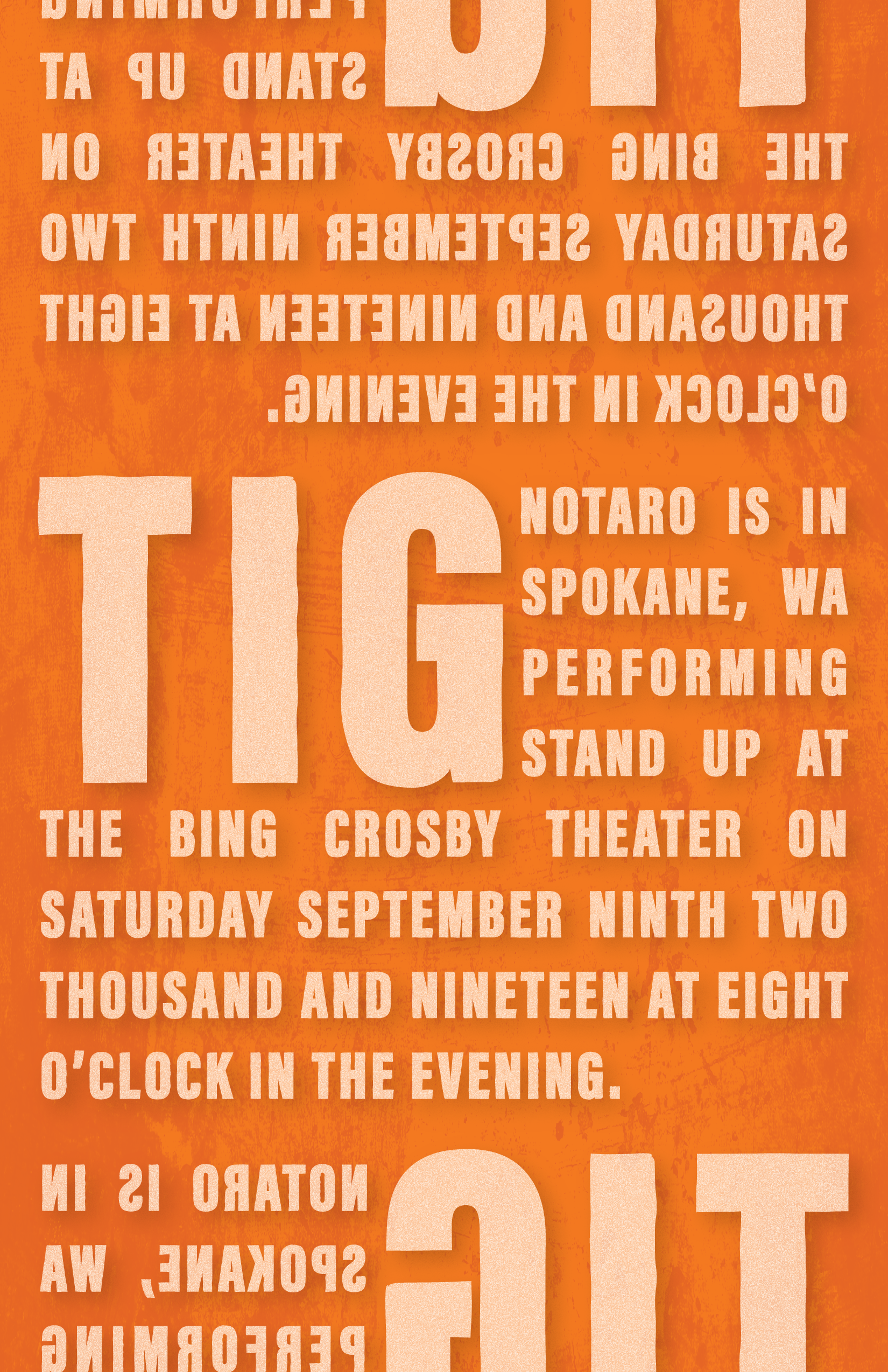 Typographic poster for a Gig Notaro stand up gig from 2019. Orange background with large white letters