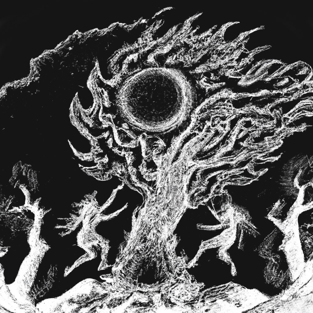 Woodcut black and white of witches dancing around a fire and tree with a full moon on Walpurisnacht.