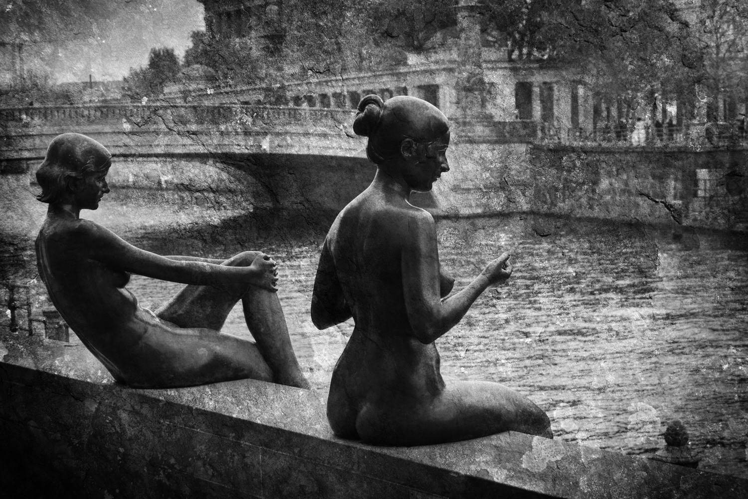 Black and white photograph of Statues by the Spree River - Berlin - Germany