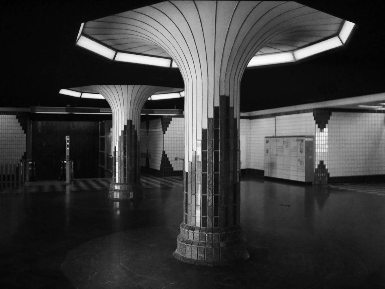 Black and white photograph of the interior of theSubway Station, Bochum, Bergbaumuseum, Germany