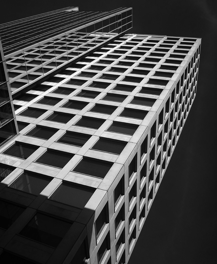 Black and white infrared photograph of model office block in Dortmund, Germany