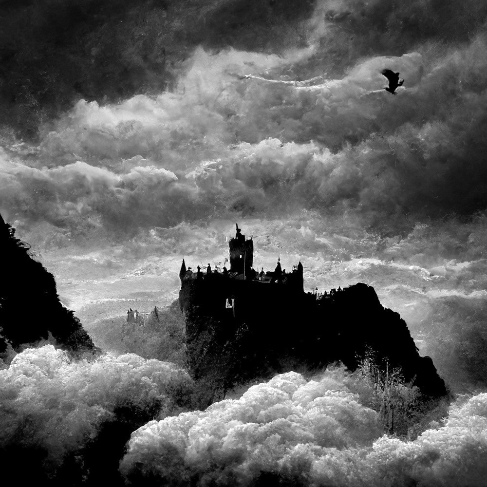 Black and white AI photograph of a haunted castle in the Netherworlds