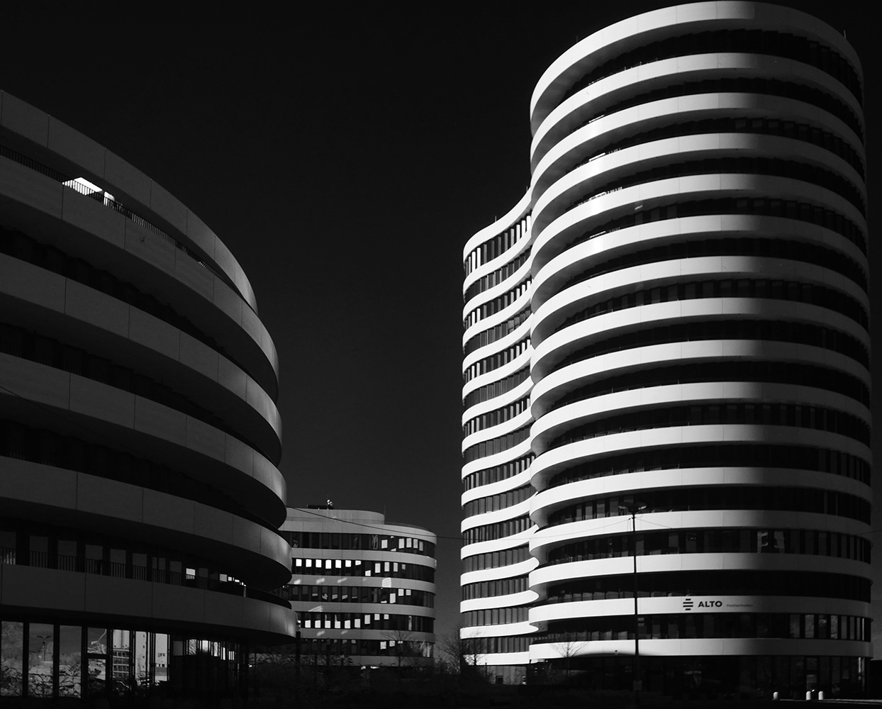 Black and white infrared photograph of the Trivago building in Dusseldorf