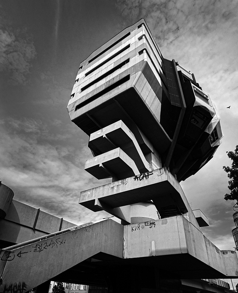 Black and white photograph of the Bierpinsel - Steglitz - Berlin - Germany