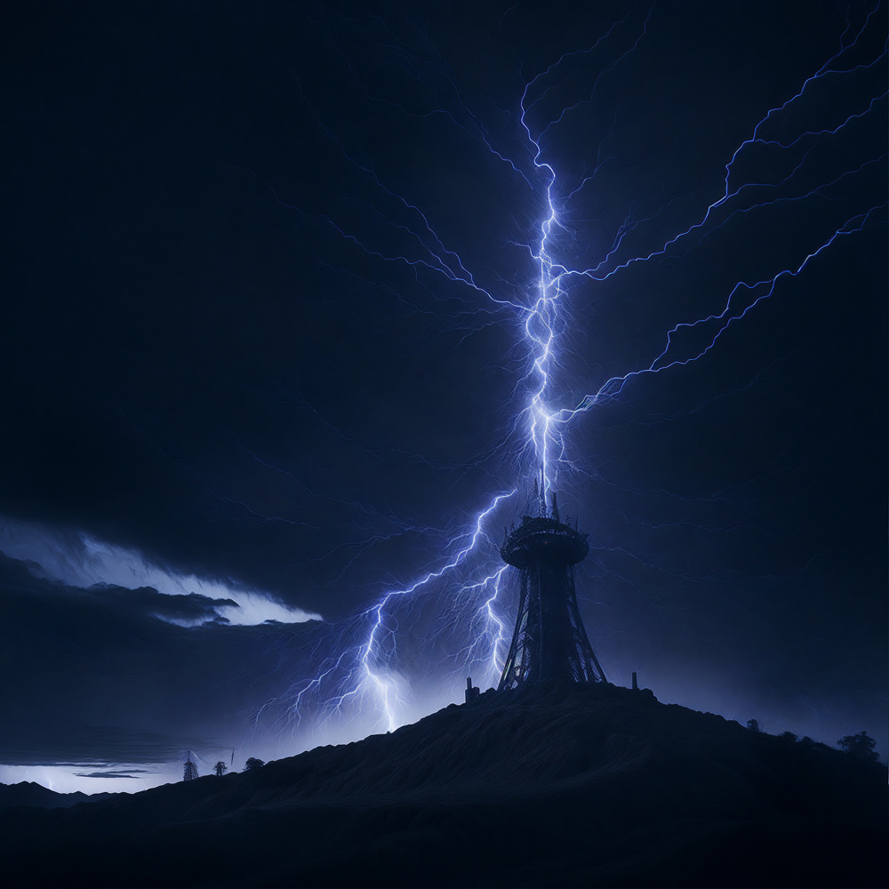 Night time lightning strike on tower on a hill.