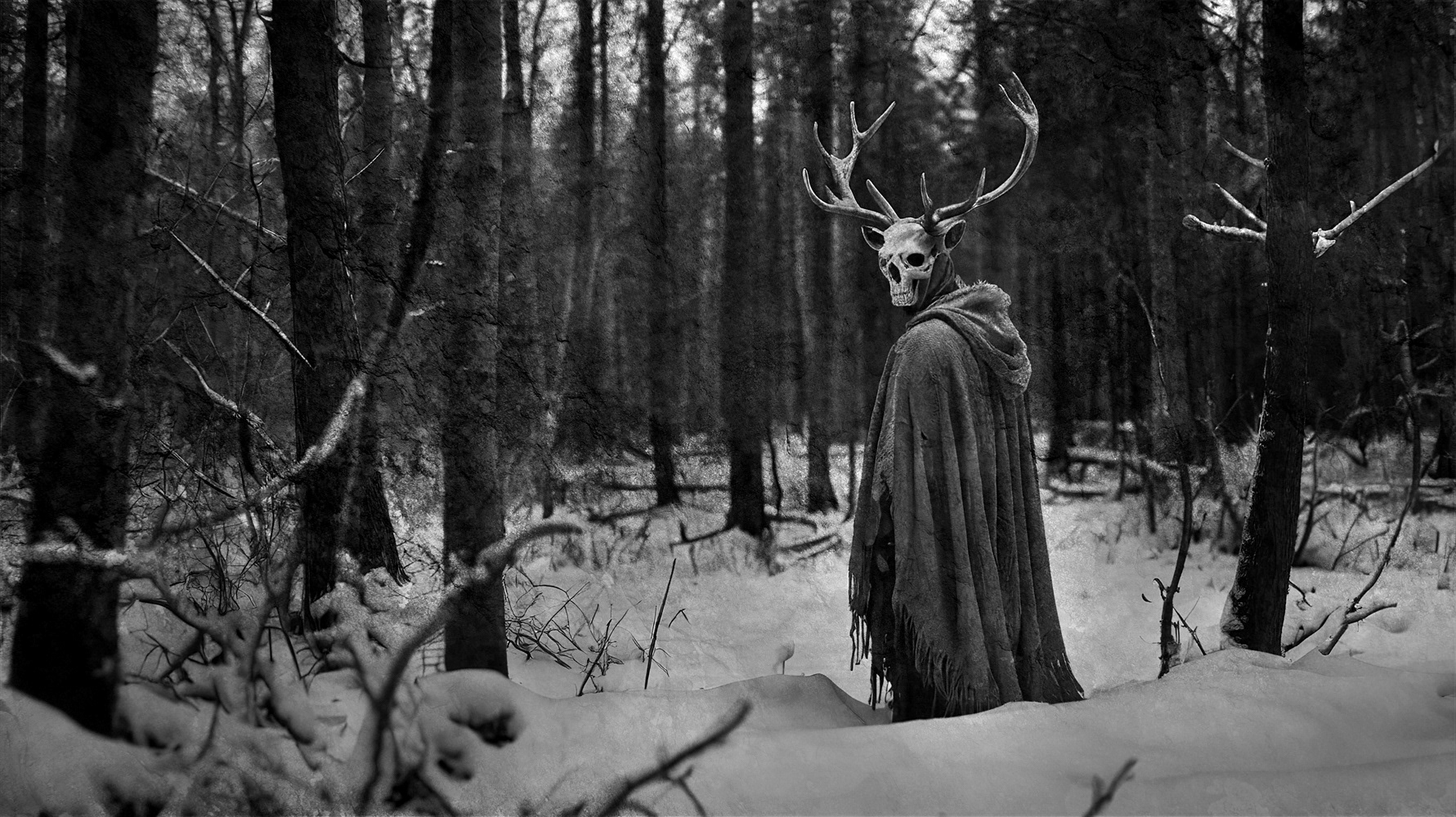 Black and white AI photograph of a horned beast in a snowy woodland.