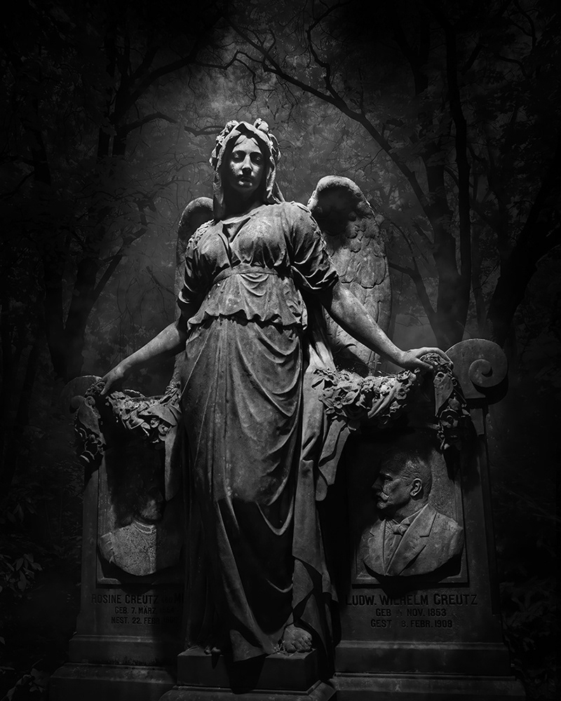 Black and white photograph of The Angel of the Creutz Family Grave — Melatenfriedhof - Cologne - Germany