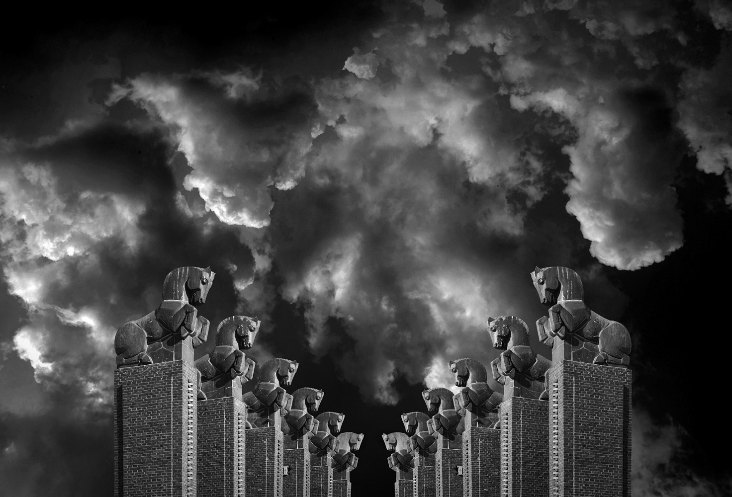 Black and white photograph of the Pferdetor, Horse Gate in Magdeburg, Germany