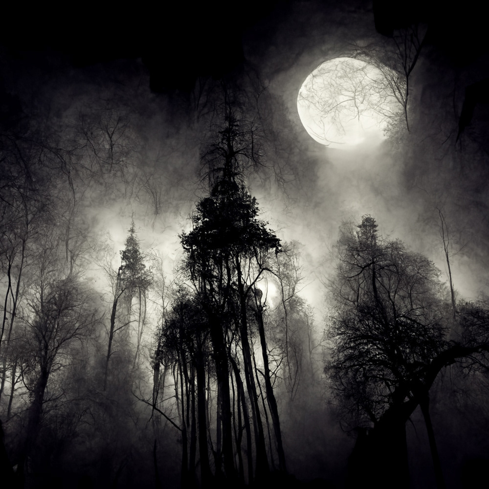 Full Moon Rising Above the Mist Shrouded Trees is an AI generated image