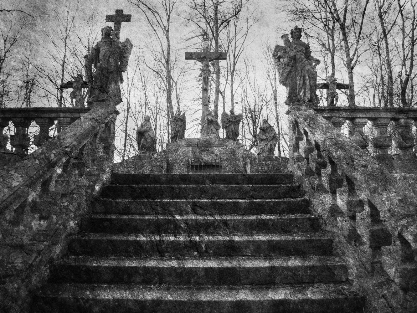 Black and white photograph by Mark Robert Davey showing steps up to a Crucifixion Monument - Fulda