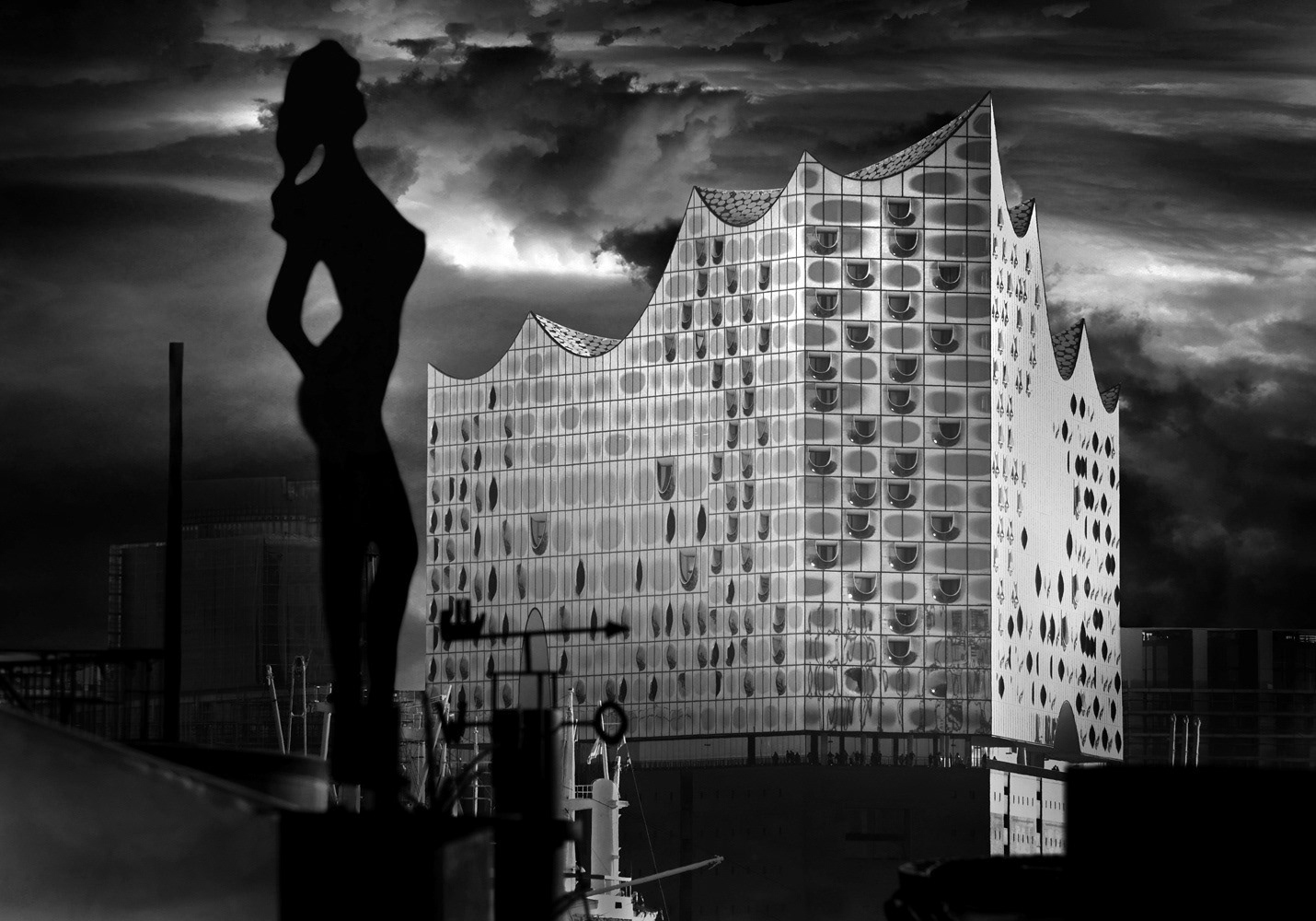 Black and white photograph by Mark Robert Davey showing Elbphilharmonie from StrandPauli, Hamburg