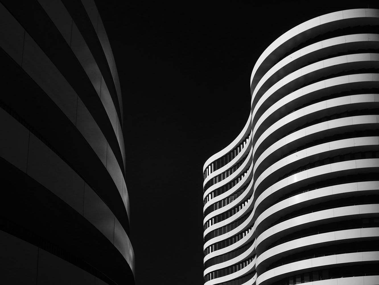 Black and white infrared photograph of the Trivago building, Dusseldorf