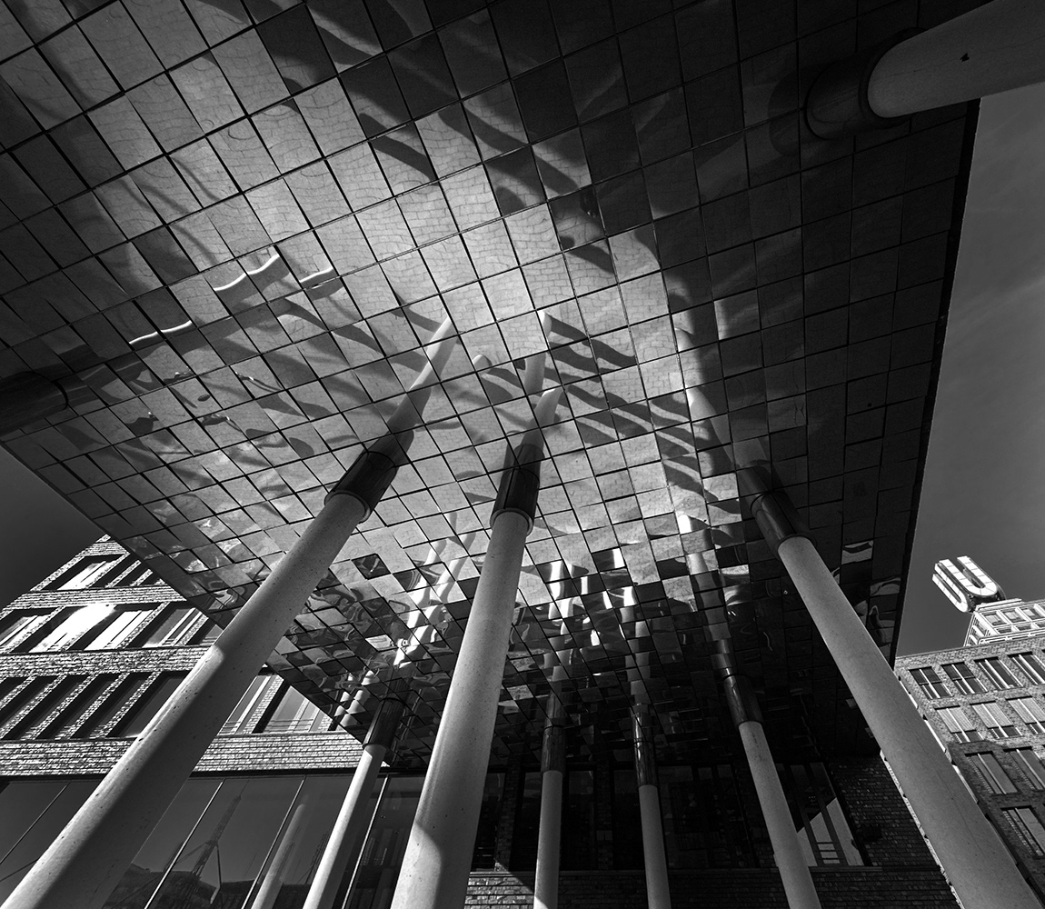 Black and white photograph of the U Tower Foyer, Dortmund, Germany