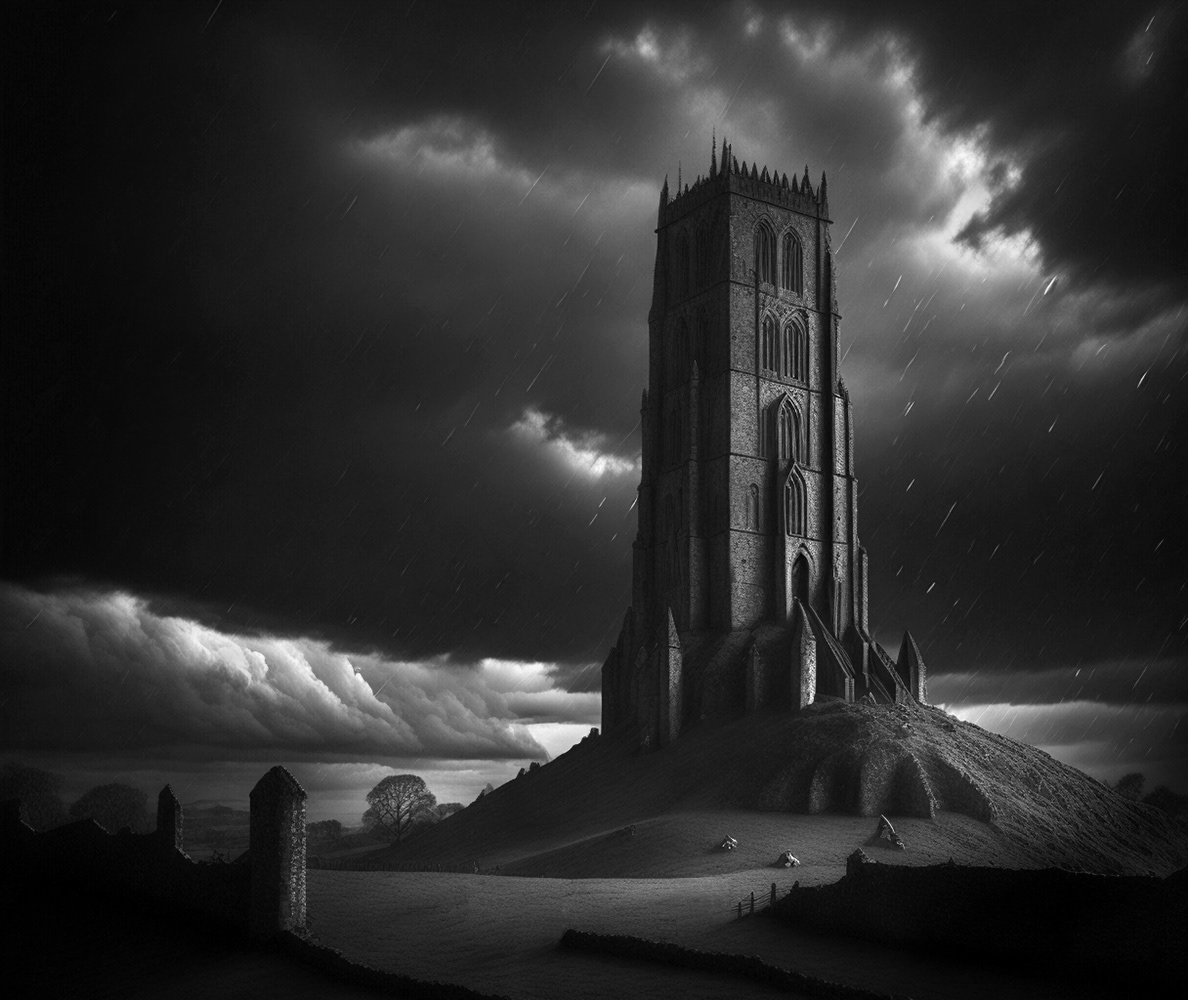 Black and white image of a tower on a hill with rain falling down.