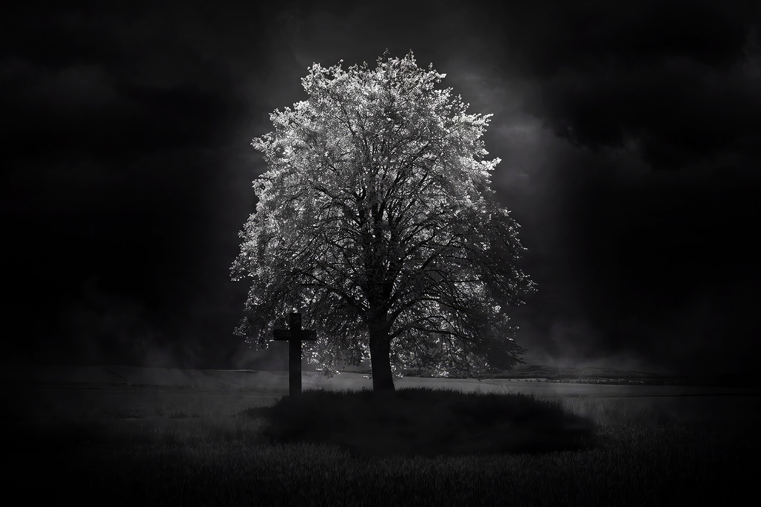 Black and white photograph of The Old Linden Tree and Cross - Germany