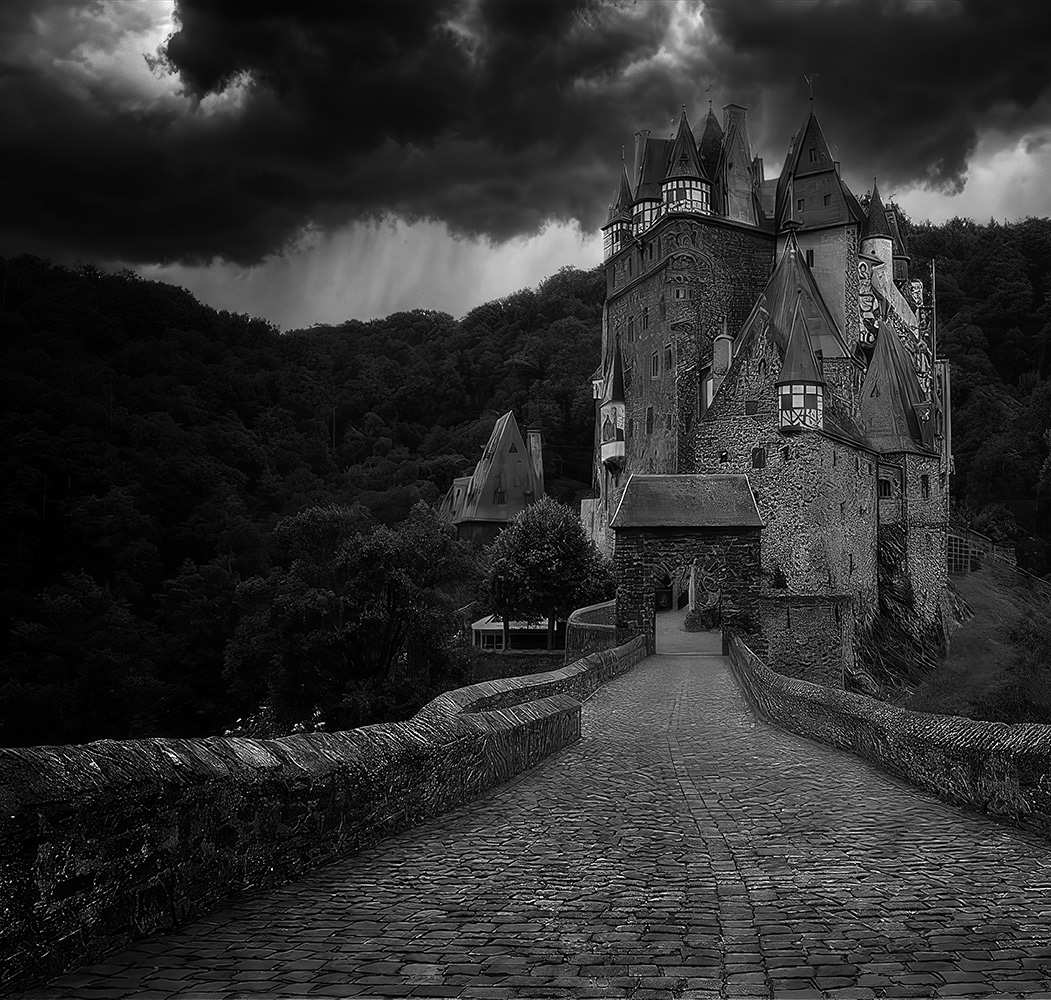 Black and white photograph of Burg Eltz in Germany
