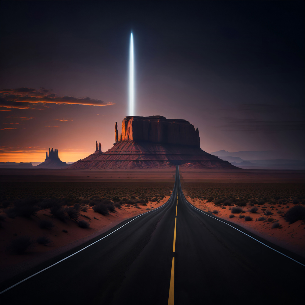 Beam of light from the sky on a desert road.