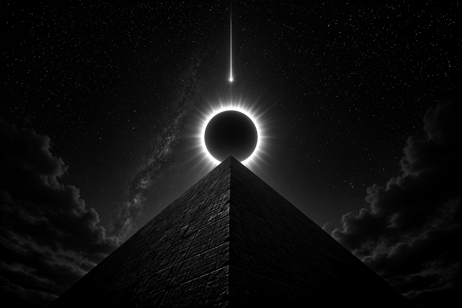 Black and white photograph of Perseid Fireball Over Full Eclipse of the Moon