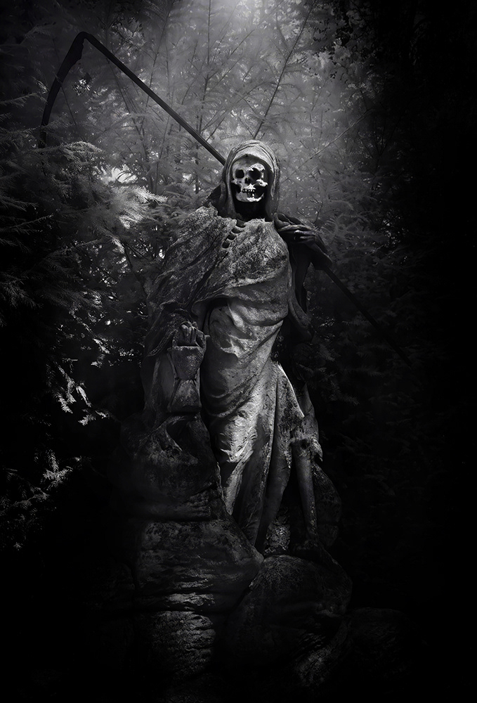 Black and white photograph of The Grim Reaper - Melatenfriedhof - Cologne - Germany
