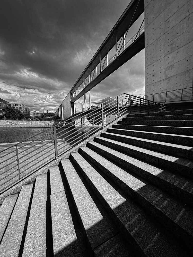 Black and white photograph of steps leading to the Marie-Elisabeth-Lüders-Haus - Berlin - Germany