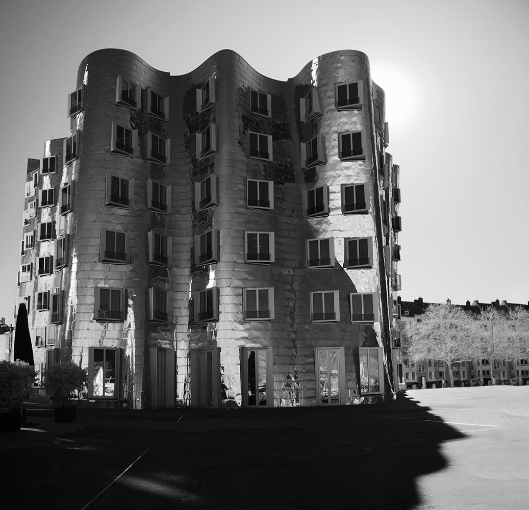 Black and white infrared photograph of the Gehry Building Düsseldorf