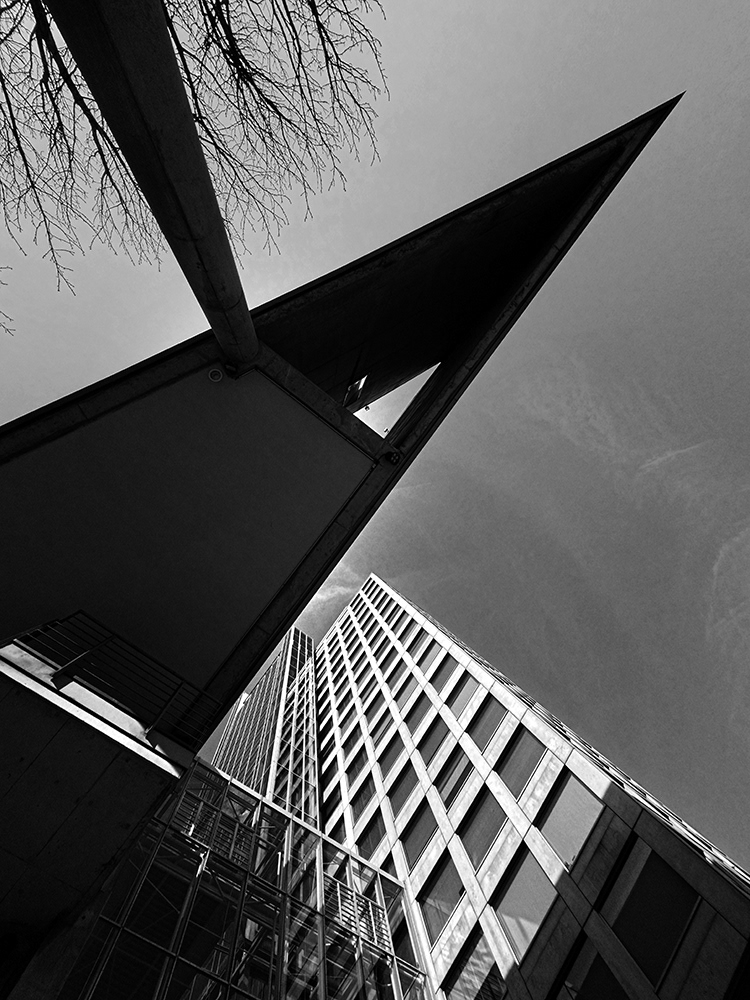 Black and white photograph of modern architecture in Dortmund.